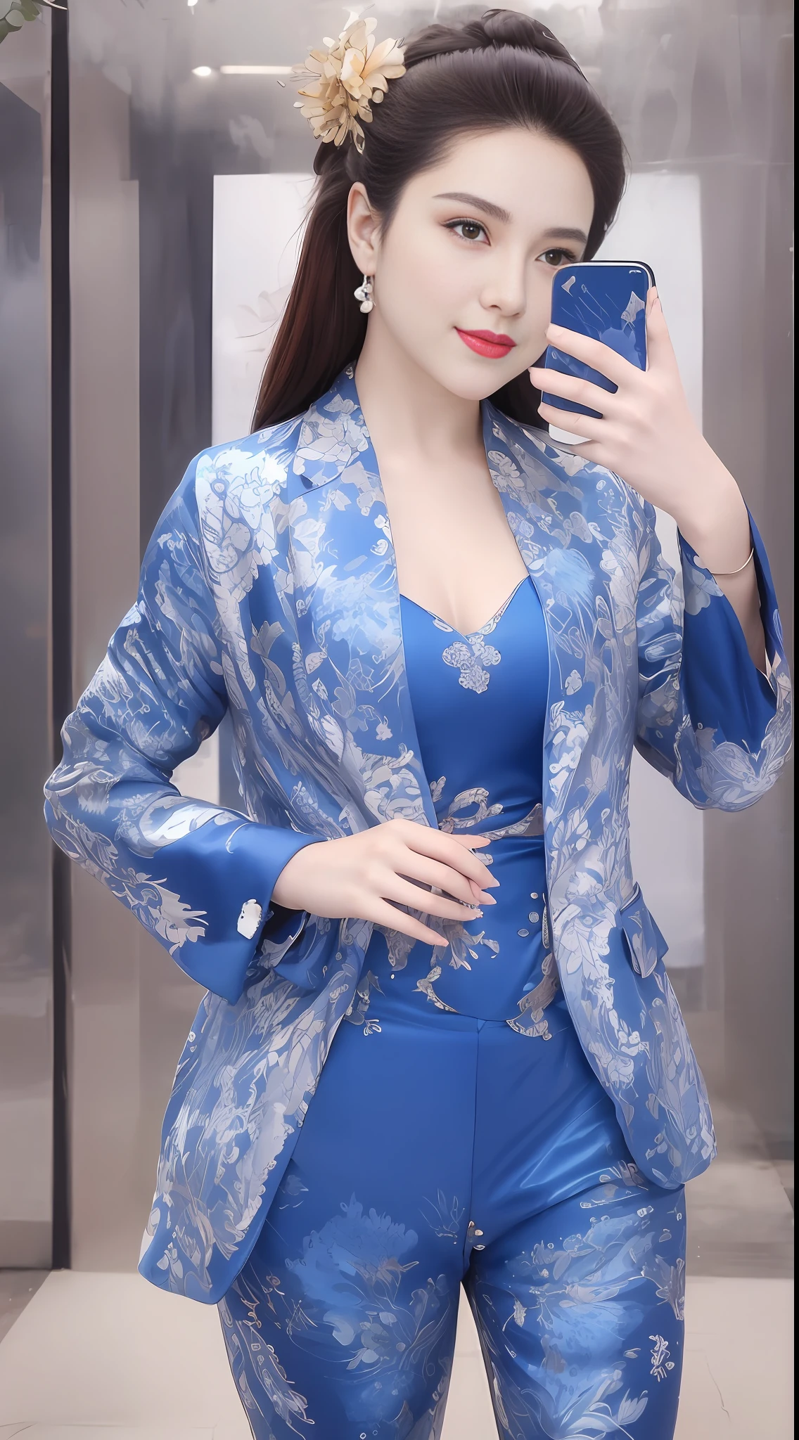 araffe woman in a blue and white suit taking a selfie, ad image, 3 - piece, wearing fashion suit, suit, blue outfit, blue - print, energetic varia suit, ((blue)), femme, elegent, 2 0 2 0 fashion, candid, bright trouser suit for a rave, young lady, elegant, classy