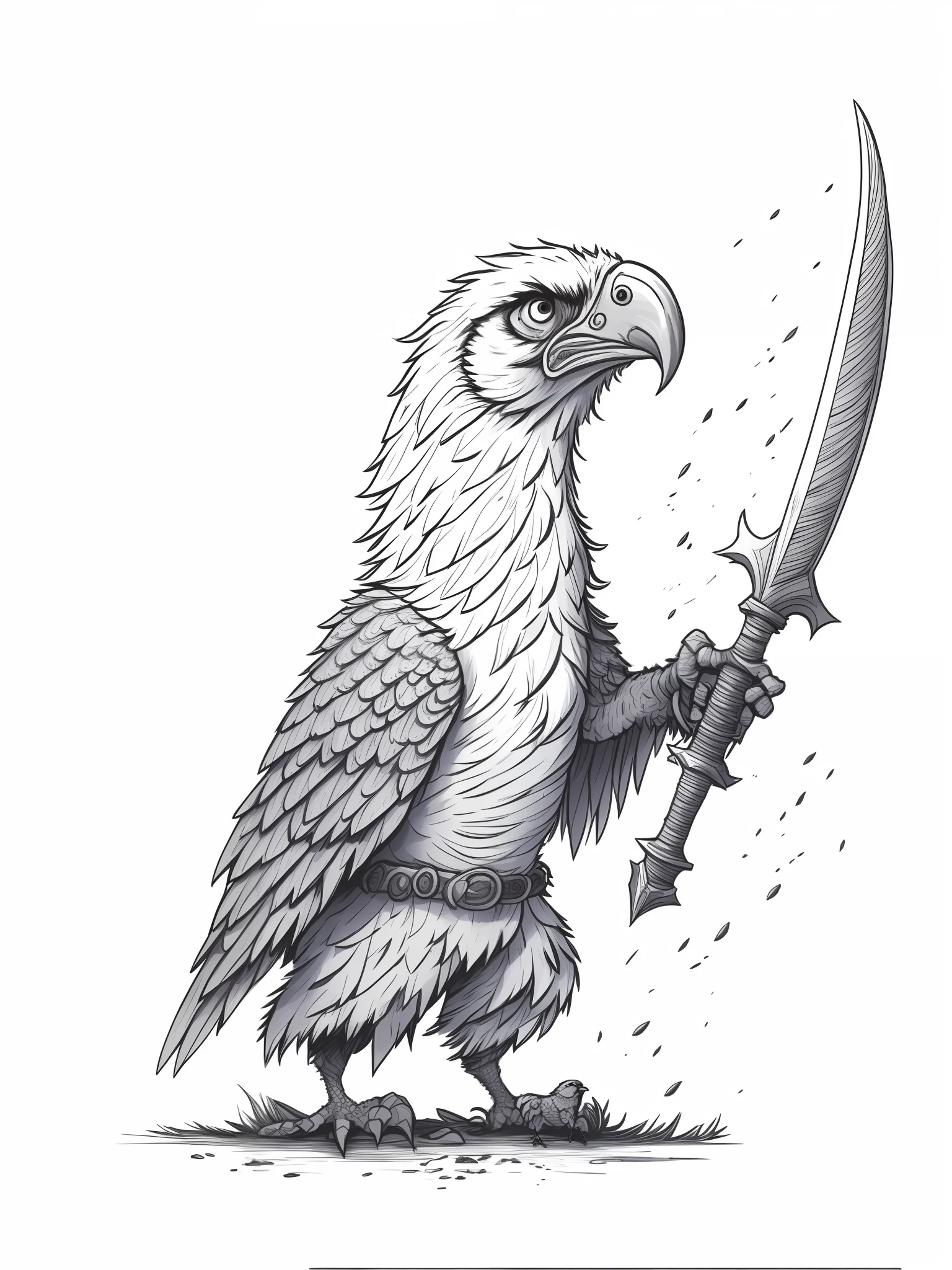 drawing of a bird with a sword in its hand, black aarakocra eagle warlord, Guerrero aviar, epic pencil illustration, pheasant holding a sword, Arte limpio y detallado, Las grandes aves de guerra, detailed crow illustration, anthropomorphic bird, Boceto muy detallado, extremely detailed linework, Linework altamente detallado, line work concept art, de Pathf