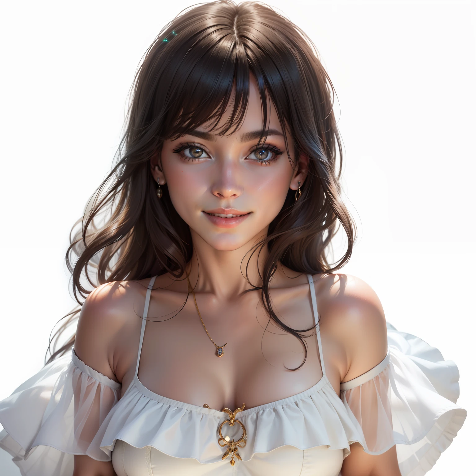 8k, RAW photography, portrait, Best Quality, Ultra HD, Photorealism, One girl,Staring at us, Gentle expression with lowered eyes, G-cup big, Black hair,See-through white dress, Earrings, Necklace,Mouth closed, Smile, Eyelashes, Beautiful breasts, Spread legs, Movie lighting, Depth of field, Lens flare --auto