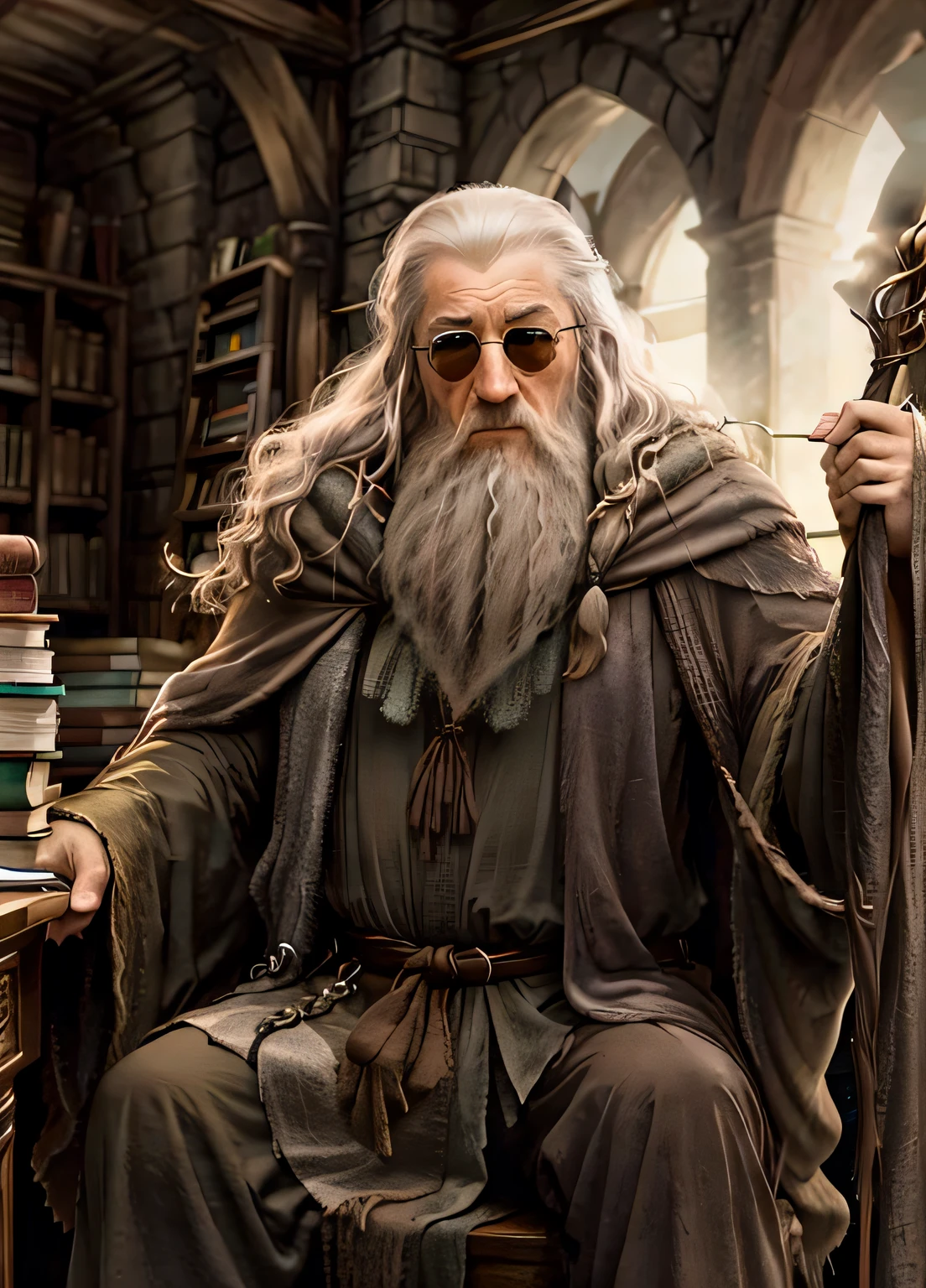 Gandalf sitting behind a desk full of books, with cycling style sunglasses