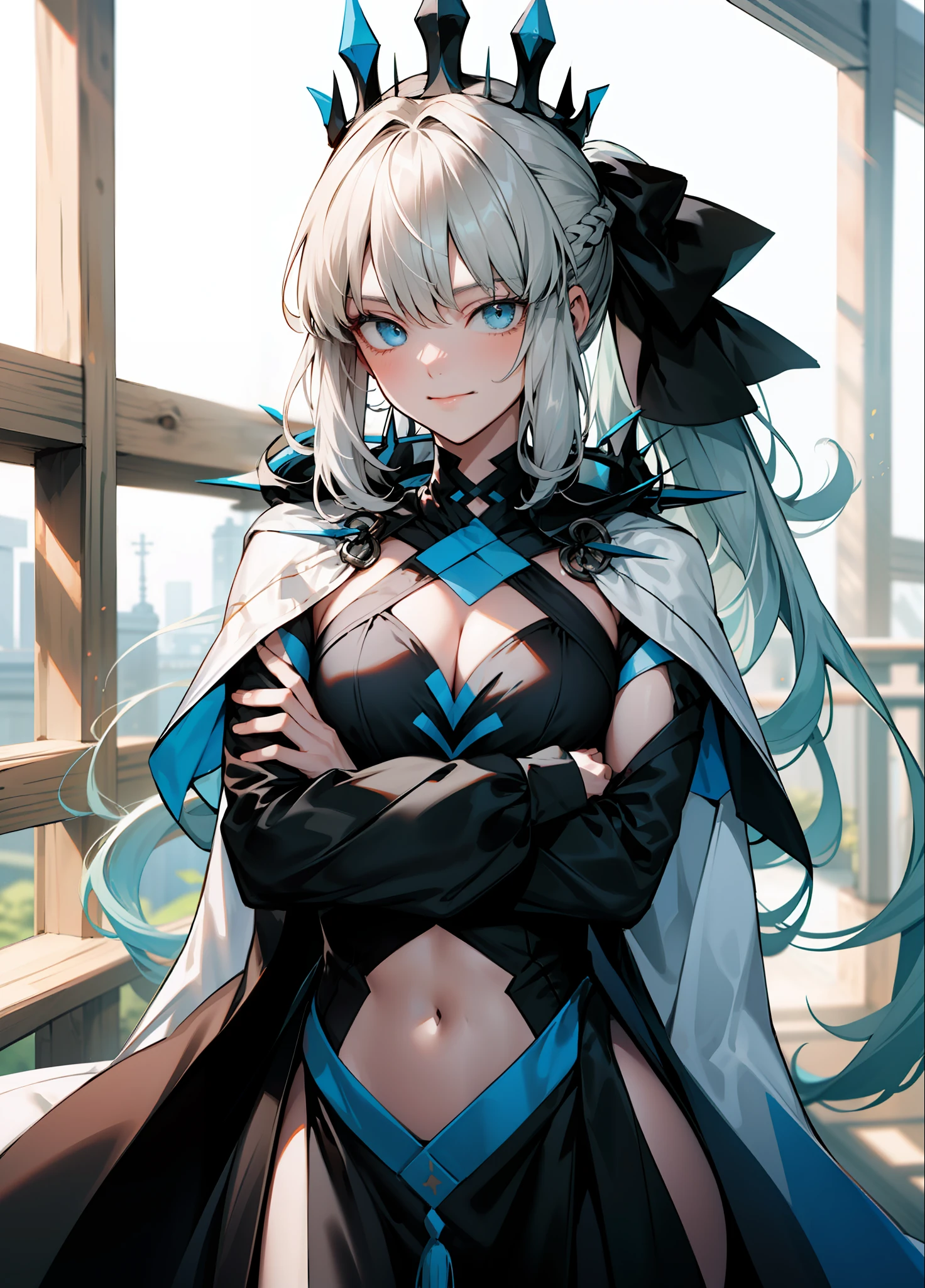 (Masterpiece, Best Quality:1.2), Cowboy shot, 独奏, a 1girl, morgan le fay, slight smile, closed mouth, looking  at viewer, crossed arms, long grey hair, braid, pony tail, Hair Bow, crown, veil, morgandef, two-tone dress, black dress, clothing cutout, stomach cutout, cleavage