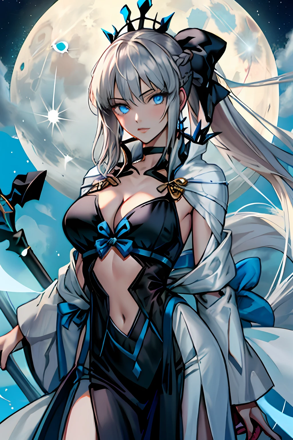 Masterpiece, Best Quality,a 1girl, Breast, morgan le fay (fate), 独奏, blue eyes, Long Hair, pony tail, bow, braid, weapons, cleavage, Very long hair, big boob, black bow, looking  at viewer, s robe, Hair Bow, hips, hips, black dress, Bangs, sidelocks, French braid, pelvic curtain, grey hair,  a moon