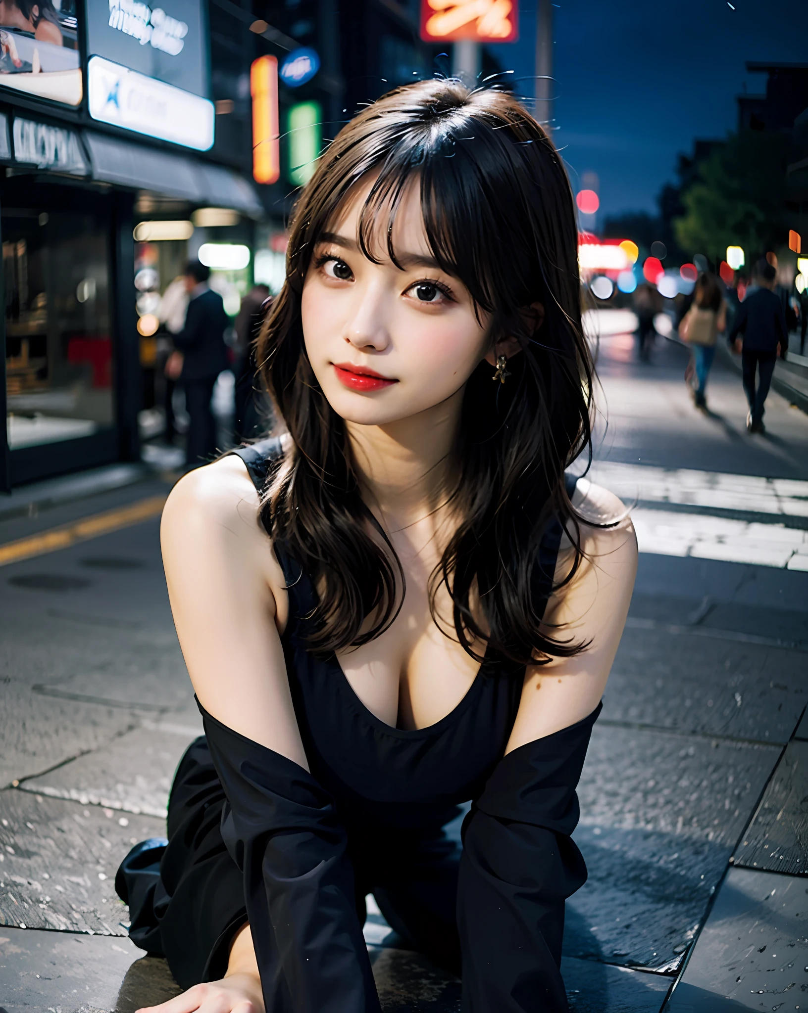 HighestQuali、Hi-Res、8K、Girl 1 Mature Mature Mature Woman Person、(HugeBoobs)、Night、A dark、al fresco、(Street:0.8)、(The human々、Crowd:1)、luxury、(Medium Hair)、Beautiful detail sky、earring beautiful、(dinamic pose:0.8)、(ful body:1.2)、Soft breeze、shinny skin、line of sight、white tunktop、Black chinos、all on fours