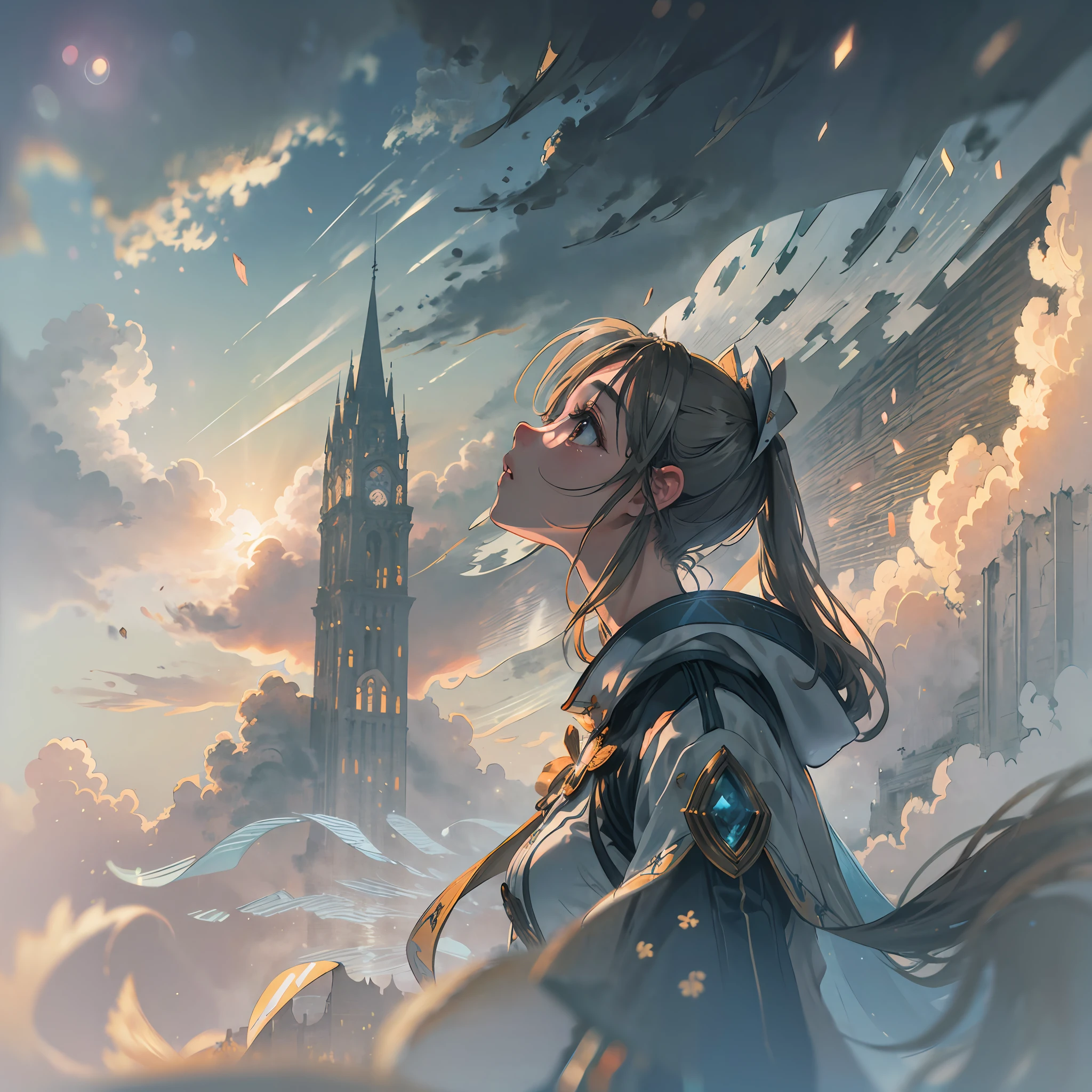 (award winning 64k concept art:1.3) of (young woman looking up standing over towers over clouds:1.2), close to camera, sweet, front, epic, (masterpiece:1.4), (best quality:1.4), Amazing, beautiful, finely detailed, (Depth of field:1.4), extremely detailed 64k, fine art, stunning, (light reflections:1), (crisp:1.6), twin tails, vibrant, (edge detection:1.4), absurdres, impressive, 120mm, clear, lens flare, symmetrical clothes, wide shot, wide angle, fantasy towers over the clouds, dreamy