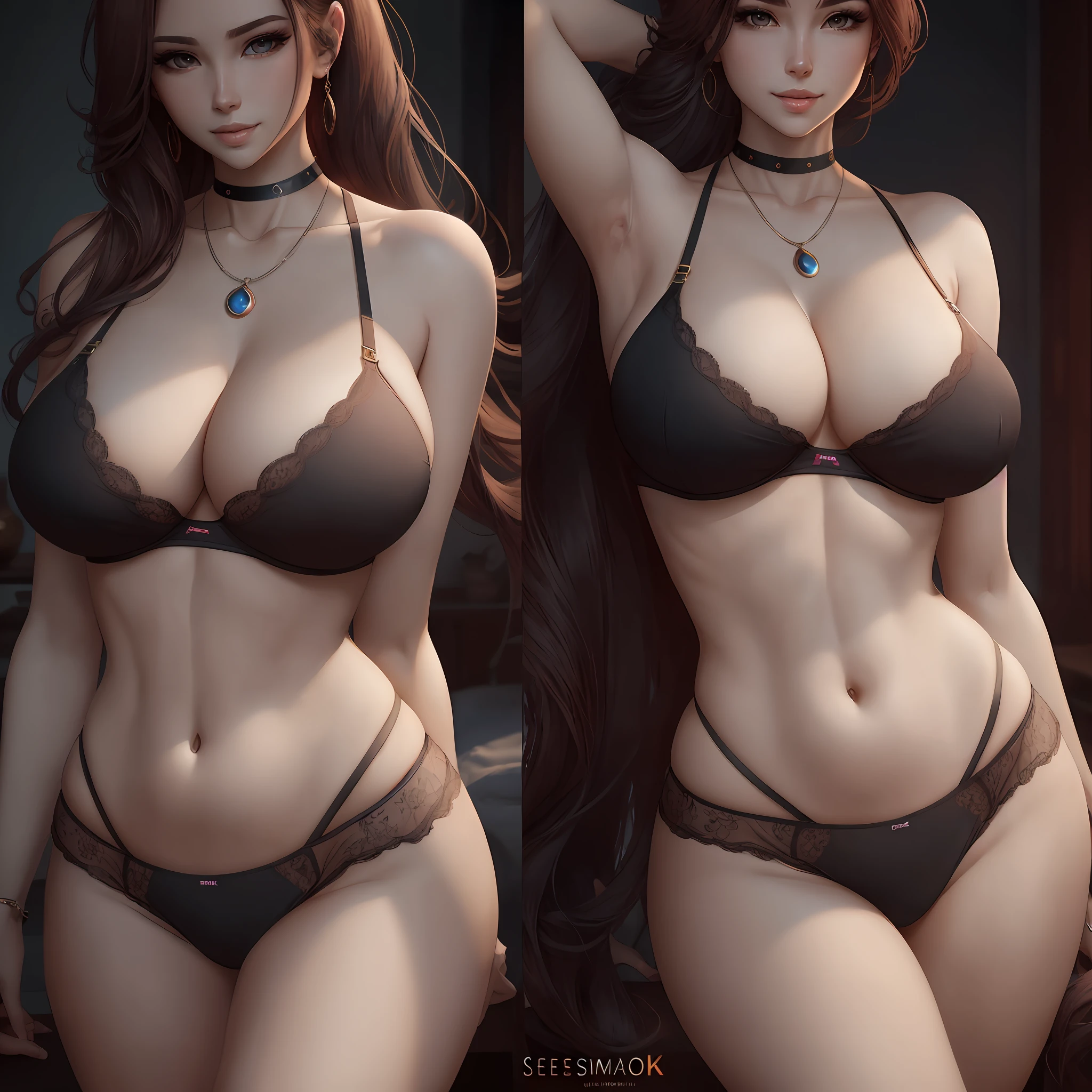 4K,Photorealistic,Perfect and beautiful young woman,Seductive looks,sexy smirk,sexy plump,exposed curved big breasts,smooth body,Detailed curves,thighlet,necklace,perfectbody,(Pale skin),(seios gigantescos:3.0),ponytailhair, sexy underwear --auto