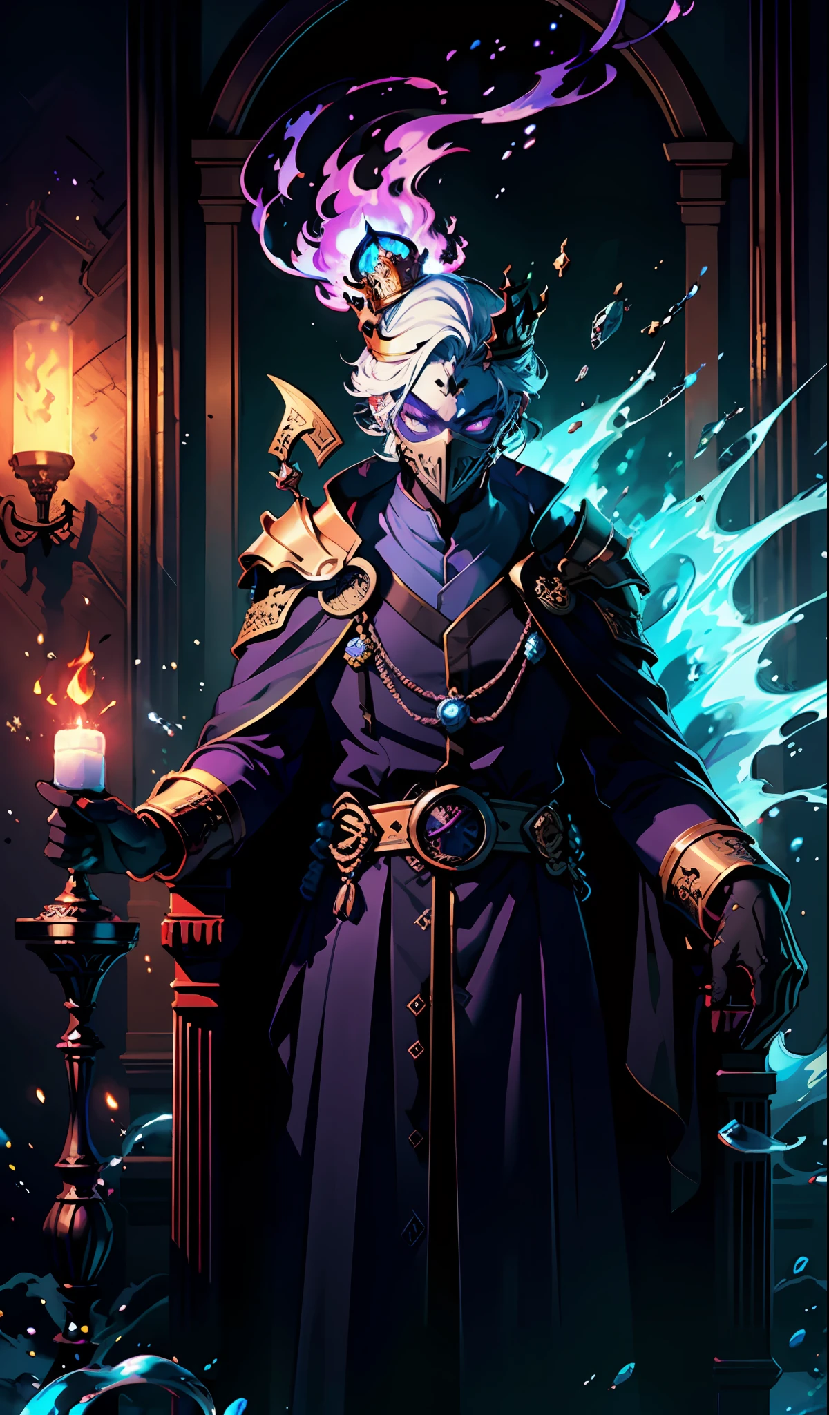 (extremely detailed CG unity 8k wallpaper, masterpiece, best quality, ultra-detailed), (Heaven: 0.6 + Hell + Ghost: 1.2 + Hades: 1.5+ Underworld: 1.4), King of Yan, Throne, Crown, purple Clothes, Mask, Dill Red Light, Flames, Underworld Background, HD Sharp, Extremely Realistic.