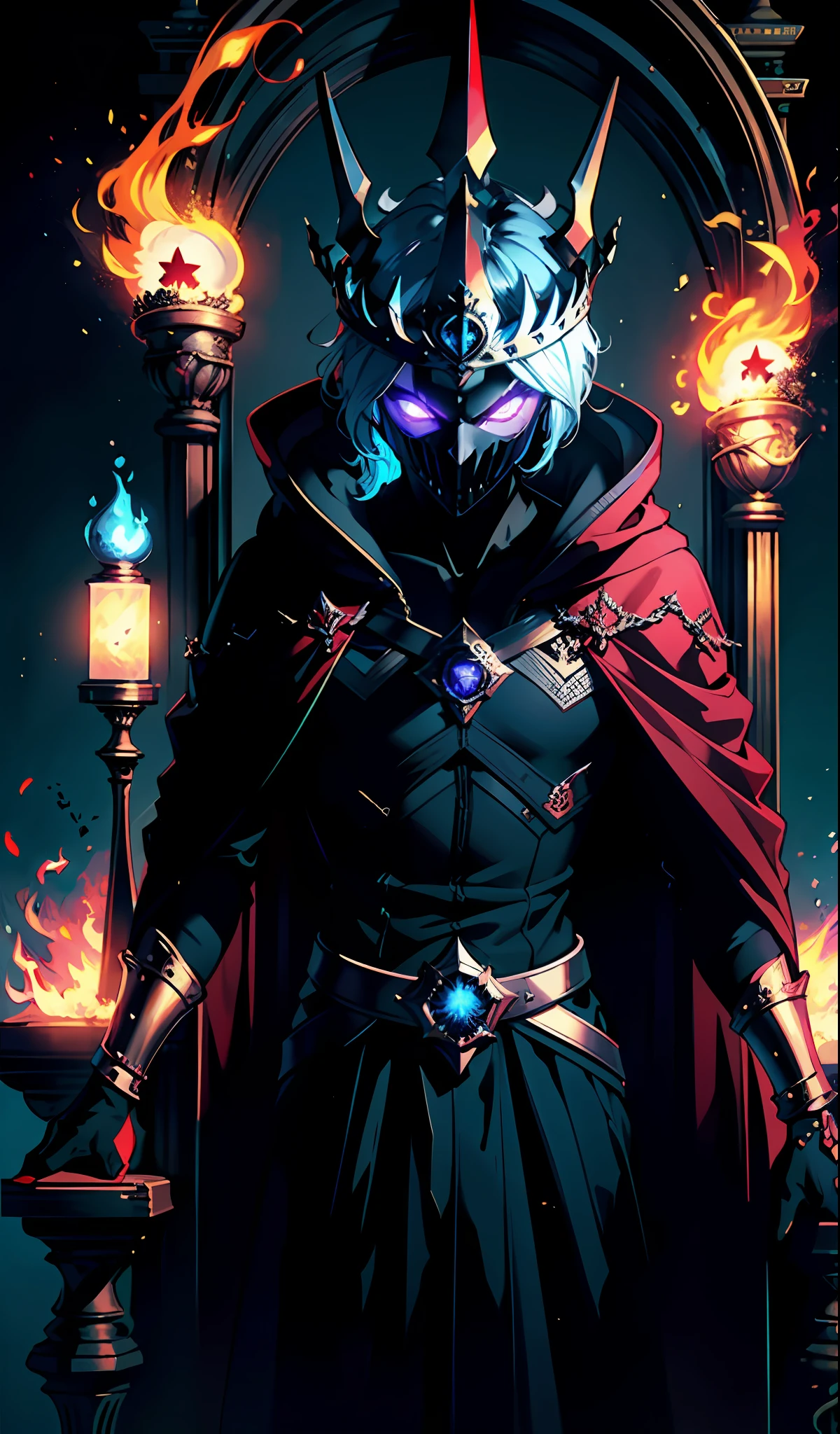 (extremely detailed CG unity 8k wallpaper, masterpiece, best quality, ultra-detailed), (Heaven: 0.6 + Hell + Ghost: 1.2 + Hades: 1.5+ Underworld: 1.4), King of Yan, Throne, Crown, purple Clothes, Mask, Dill Red Light, Flames, Underworld Background, HD Sharp, Extremely Realistic.