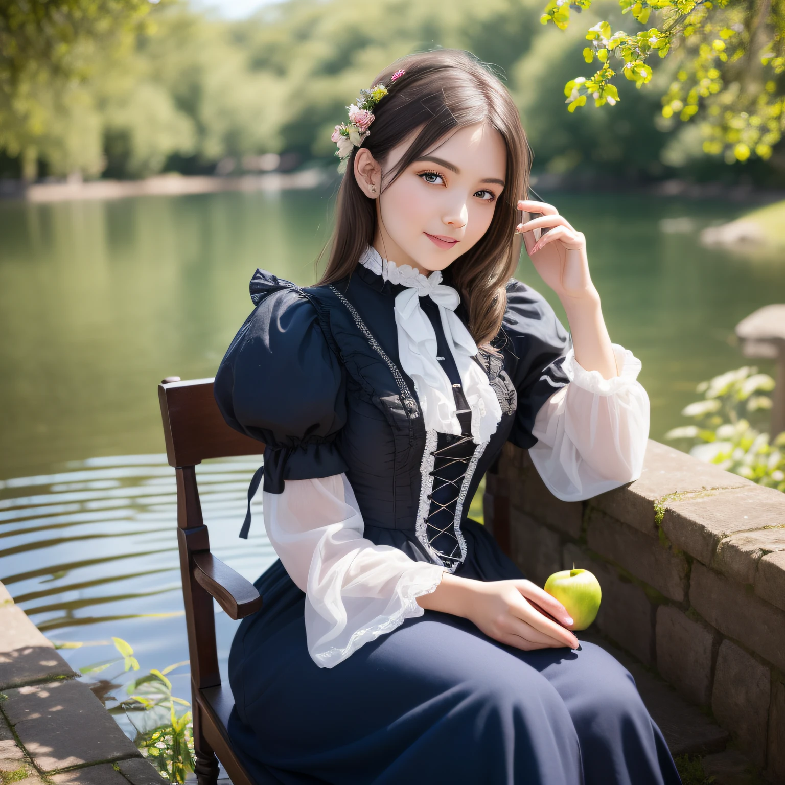 Raw photography、(Realstic、photorealestic:1.37)、(HighestQuali:1.2)、(detail detail)、(独奏:1.3)、(25-year-old Victorian girl:1.4)、smile on face、(seios gigantescos:1.4)、victorian dress、dark haired、long eyelash、(lake:1.3)、((sitting in the chair))、(Raise legs:1.2)The tree、Grassy、blooms、Bridges、the boat、the clouds、blue skies、an apple、picnic、break、Stunning beautiful、pale skinned、(Perfect eyes:1.3)、Movie Light、 UltraHighResolution、8K UHD、film grains、flawless anatomy、Exquisitely detailed skin、Best Shadows、Delicate、Portrait of a beautiful Victorian girl、colorfully、Distinct_image、extremely detailed CG、Realistic human-like photos