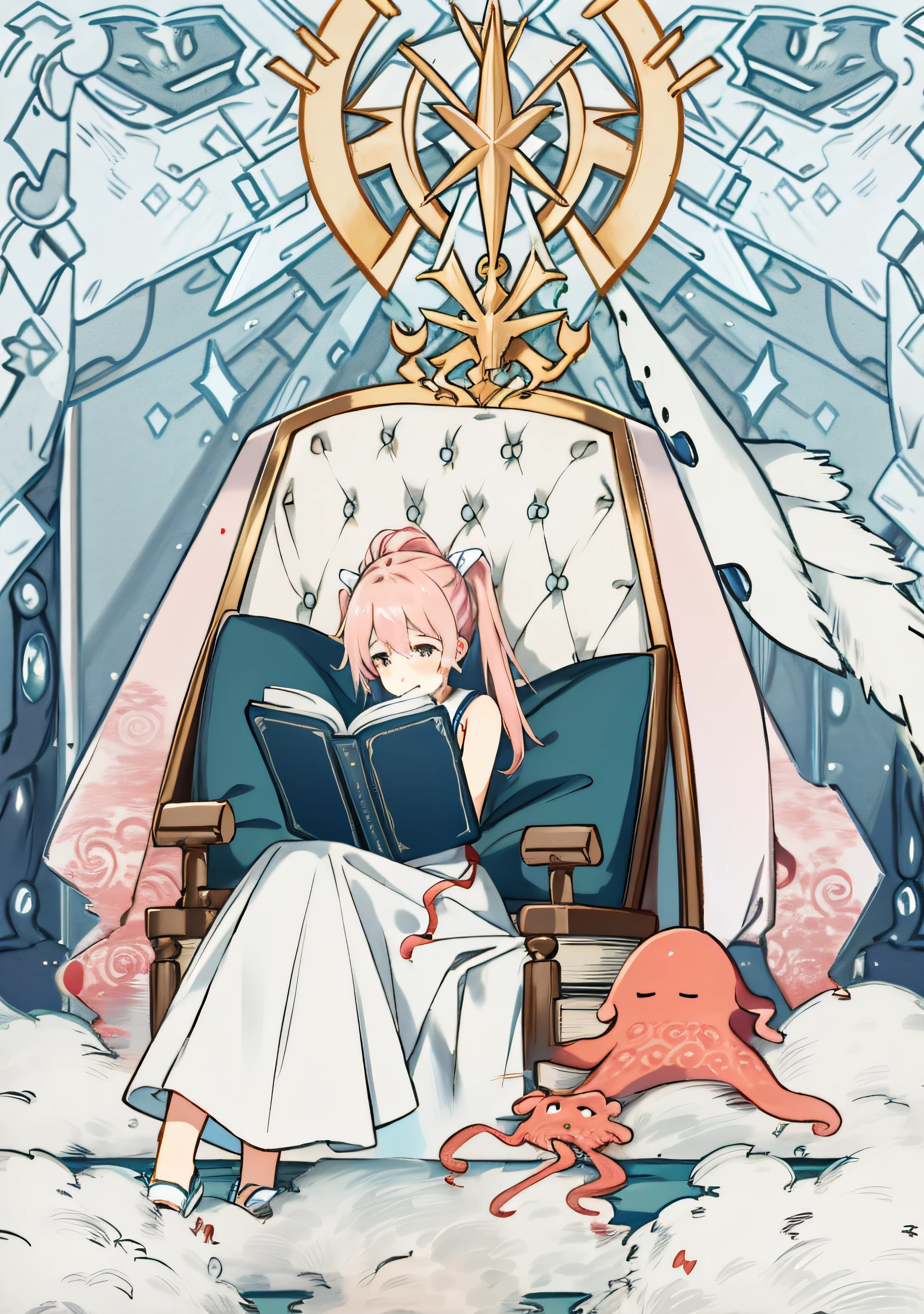 There is a girl sitting on the bed reading a book, reading under a tree, Guvez style artwork, inspired by Ma Yuanyu, Zhong Yuan Festival, from the East, library background, naked, pink hair, huge tentacles, holding a magic book in her hand,