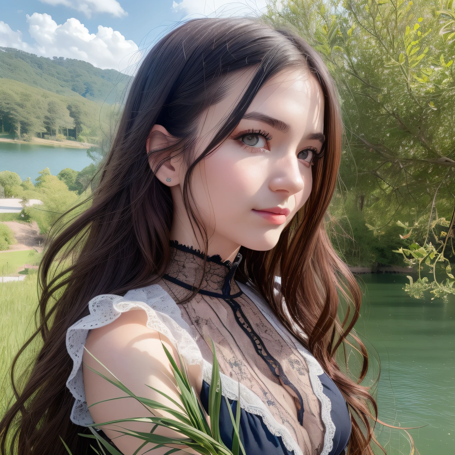 Raw photography、(Realstic、photorealestic:1.37)、(HighestQuali:1.2)、(detail detail)、(独奏:1.3)、(25-year-old Victorian girl:1.4)、smile on face、(seios gigantescos:1.4)、victorian dress、dark haired、long eyelash、(lake:1.3)、((sitting in the chair))、(Raise legs:1.2)The tree、Grassy、blooms、Bridges、the boat、the clouds、blue skies、an apple、picnic、break、Stunning beautiful、pale skinned、(Perfect eyes:1.3)、Movie Light、 UltraHighResolution、8K UHD、film grains、flawless anatomy、Exquisitely detailed skin、Best Shadows、Delicate、Portrait of a beautiful Victorian girl、colorfully、Distinct_image、extremely detailed CG、Realistic human-like photos