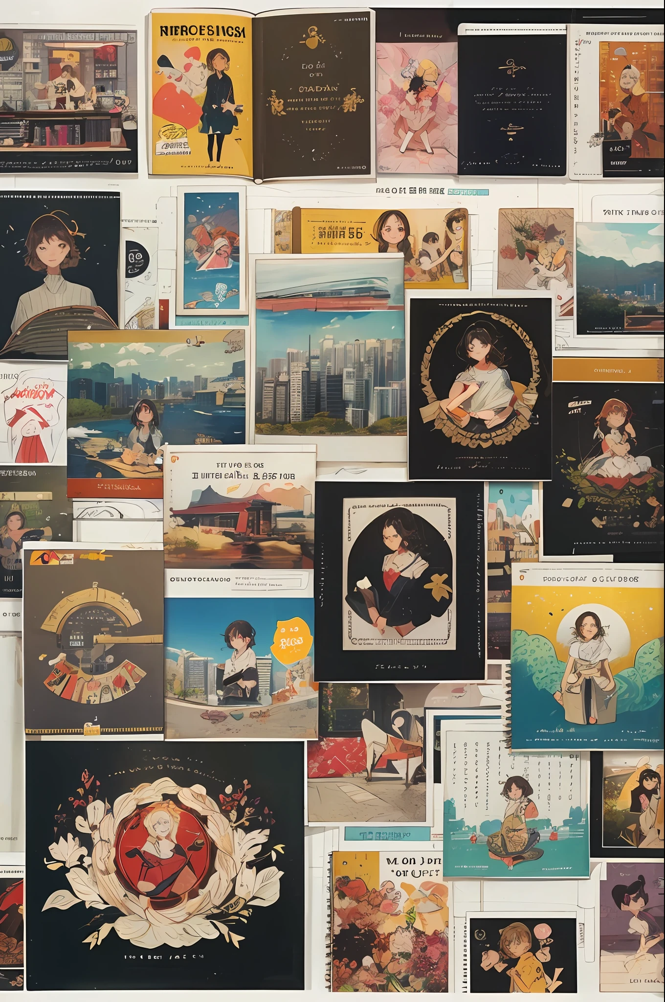 a hongkong style young girl, against the backdrop of a nostalgic shelf life wall, front photo, old fashion, hongkong comic girl, planner book, collage --ar 3:4 50 --niji 5 --s 2