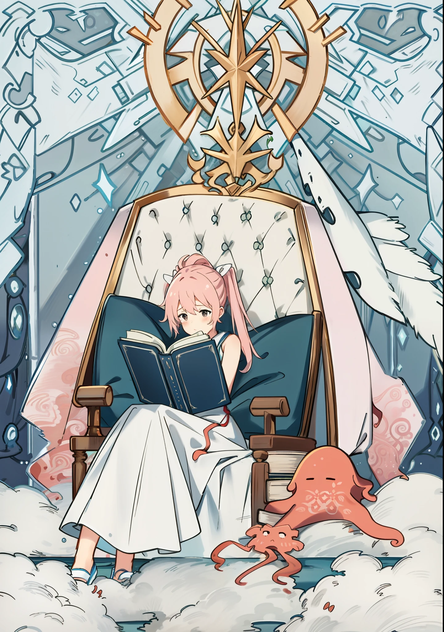 There is a girl sitting on the bed reading a book, reading under a tree, Guvez style artwork, inspired by Ma Yuanyu, Zhong Yuan Festival, from the East, library background, naked, pink hair, huge tentacles, holding a magic book in her hand,