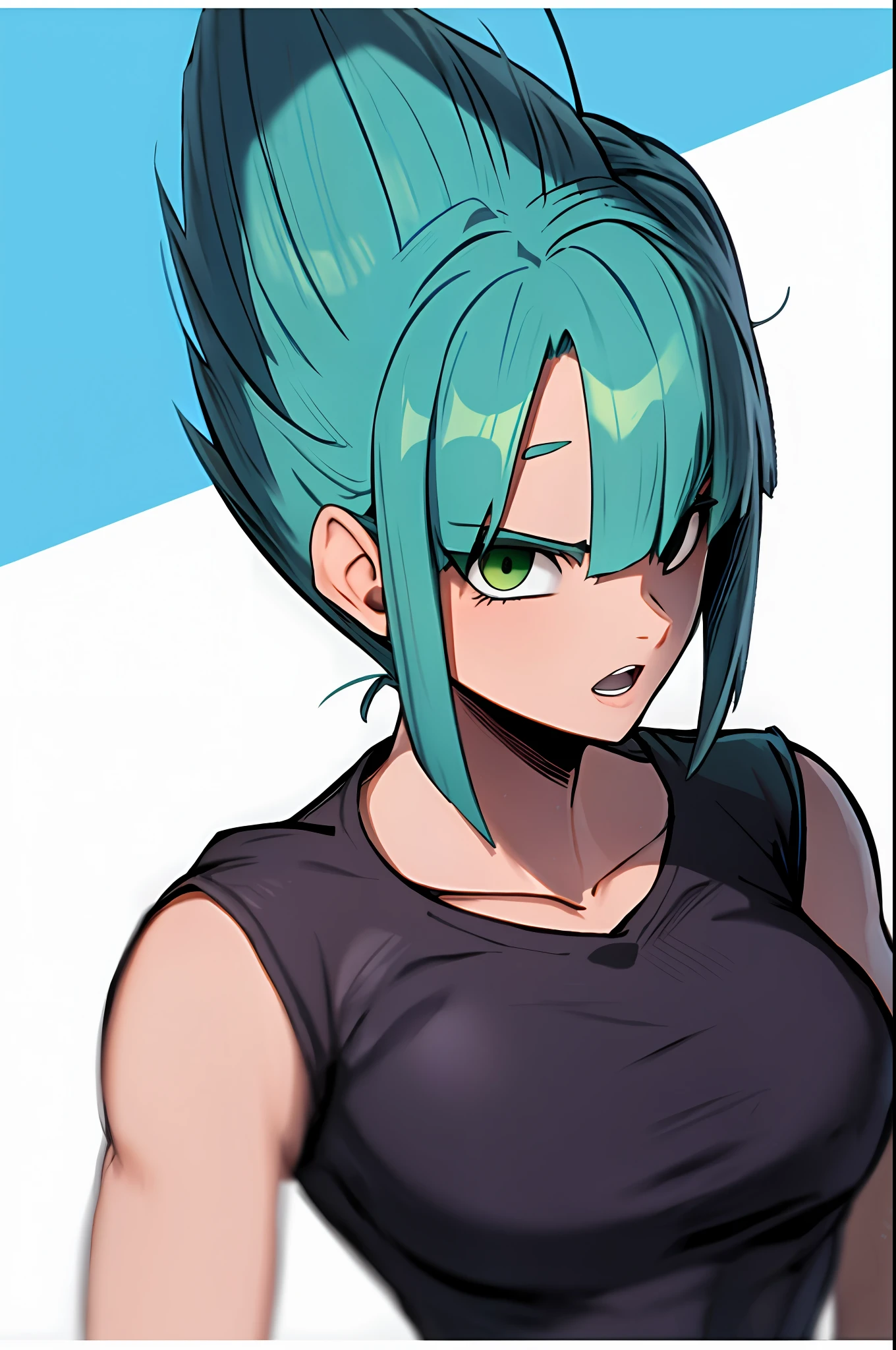 Bulma, Girl, brava, dano de batalha, cabelo vermelho, faixa azul, dentes cerrados, furiosa, olhos verdes, foco feminino, musculosa, girl musculoso, faixa, solo, cabelo espetado, super saiyan, dentes, pulseira, ((obra-prima))