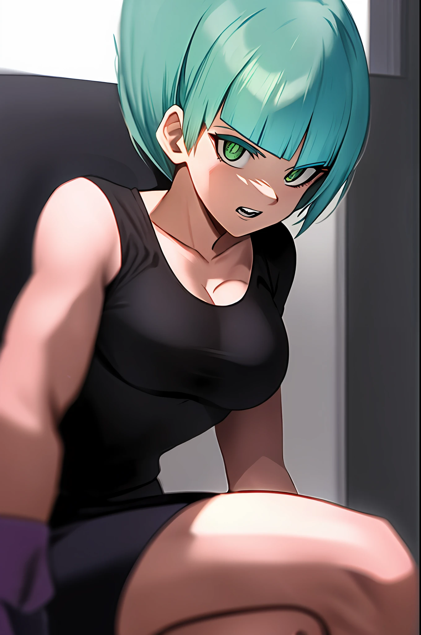 Bulma, Girl, brava, dano de batalha, cabelo vermelho, faixa azul, dentes cerrados, furiosa, olhos verdes, foco feminino, musculosa, girl musculoso, faixa, solo, cabelo espetado, super saiyan, dentes, pulseira, ((obra-prima))