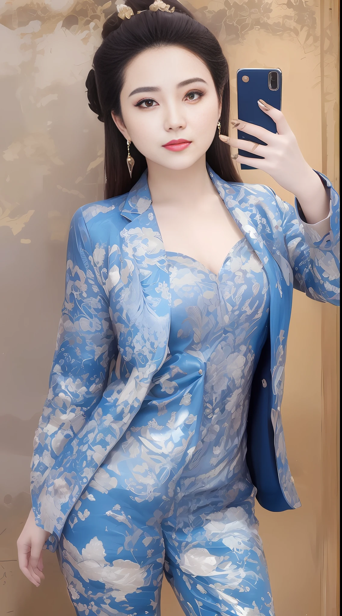 araffe woman in a blue and white suit taking a selfie, ad image, 3 - piece, wearing fashion suit, suit, blue outfit, blue - print, energetic varia suit, ((blue)), femme, elegent, 2 0 2 0 fashion, candid, bright trouser suit for a rave, young lady, elegant, classy