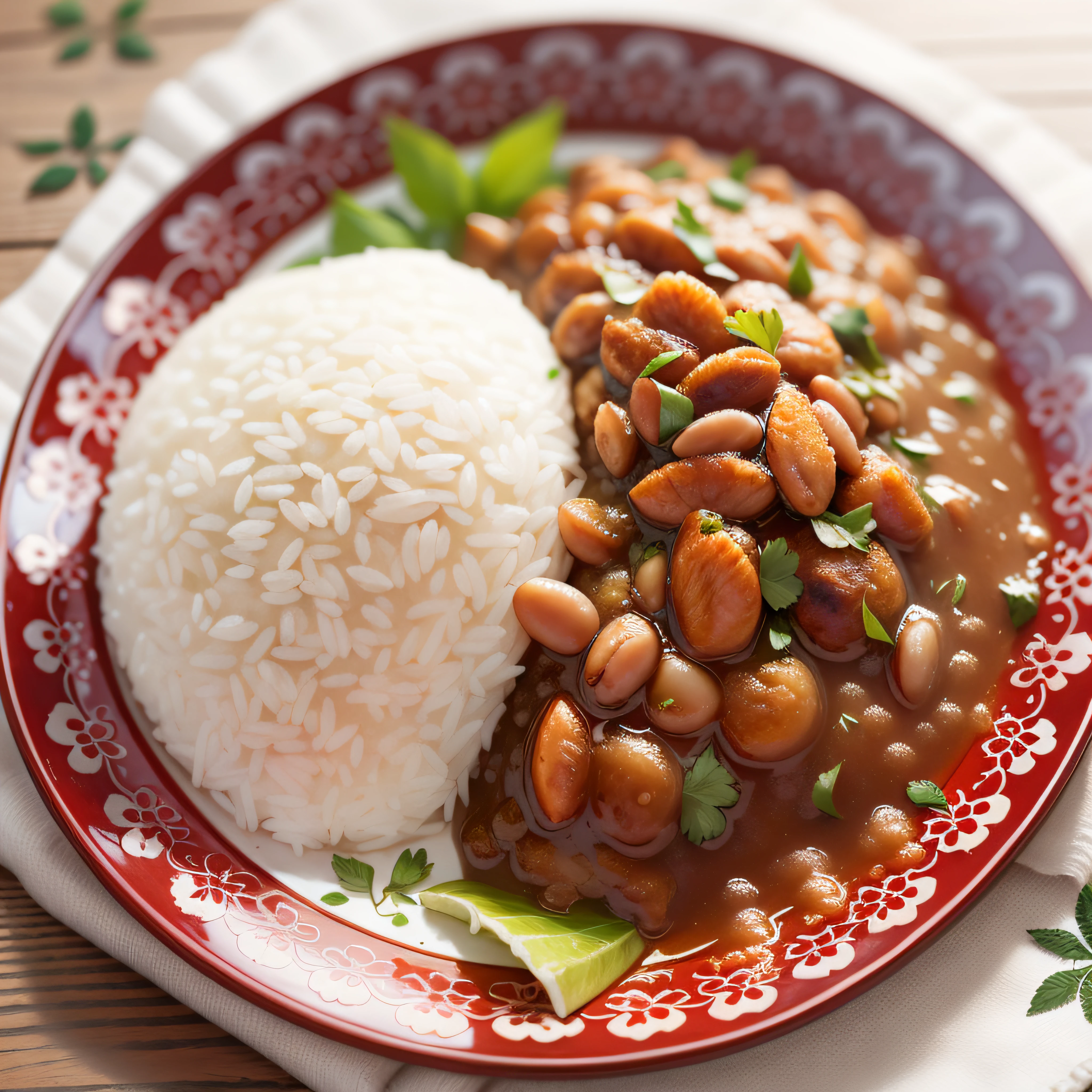 A plate of rice, on the right side of a plate of beans, on top of a table lined with a white towel with flowery details