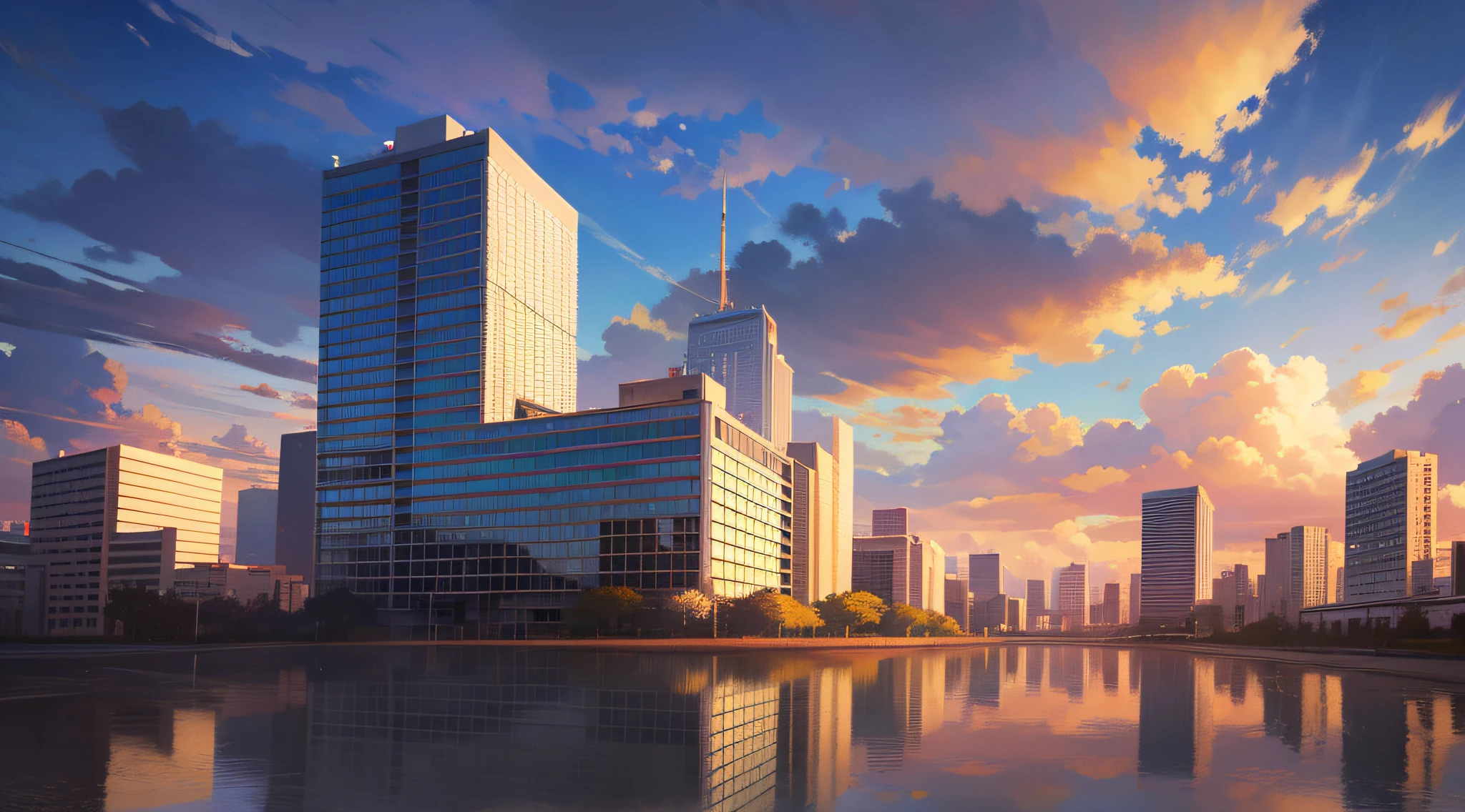 Ciudad futurista. Distancia media. Luminosa. Neones. Edificios de cristal y metal. Reflejos, metalizado. Parque, naturaleza, estanque. Muy detallado. Estilo anime. dynamic lights. volumetric clouds. Atardecer.
