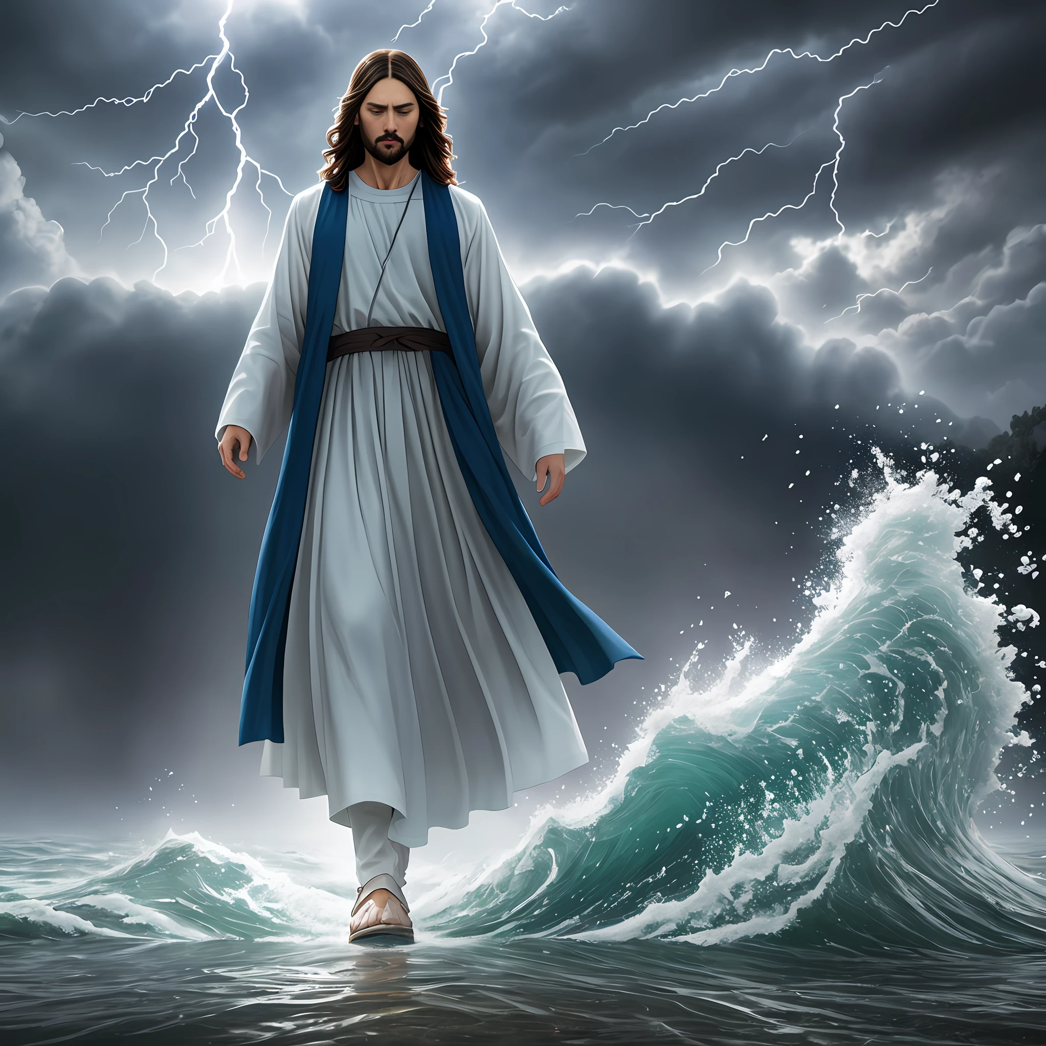 jesus walking on water in a storm, masterpiece, best quality, high quality, extremely detailed CG unit 8k wallpaper, award winning photography, Bokeh, Depth of Field, HDR, bloom, Chromatic aberration, photorealistic, extremely detailed, trending on artstation, trending on CGsociety, intricate, high detail, dramatic, mid-journey art, volumetric lighting