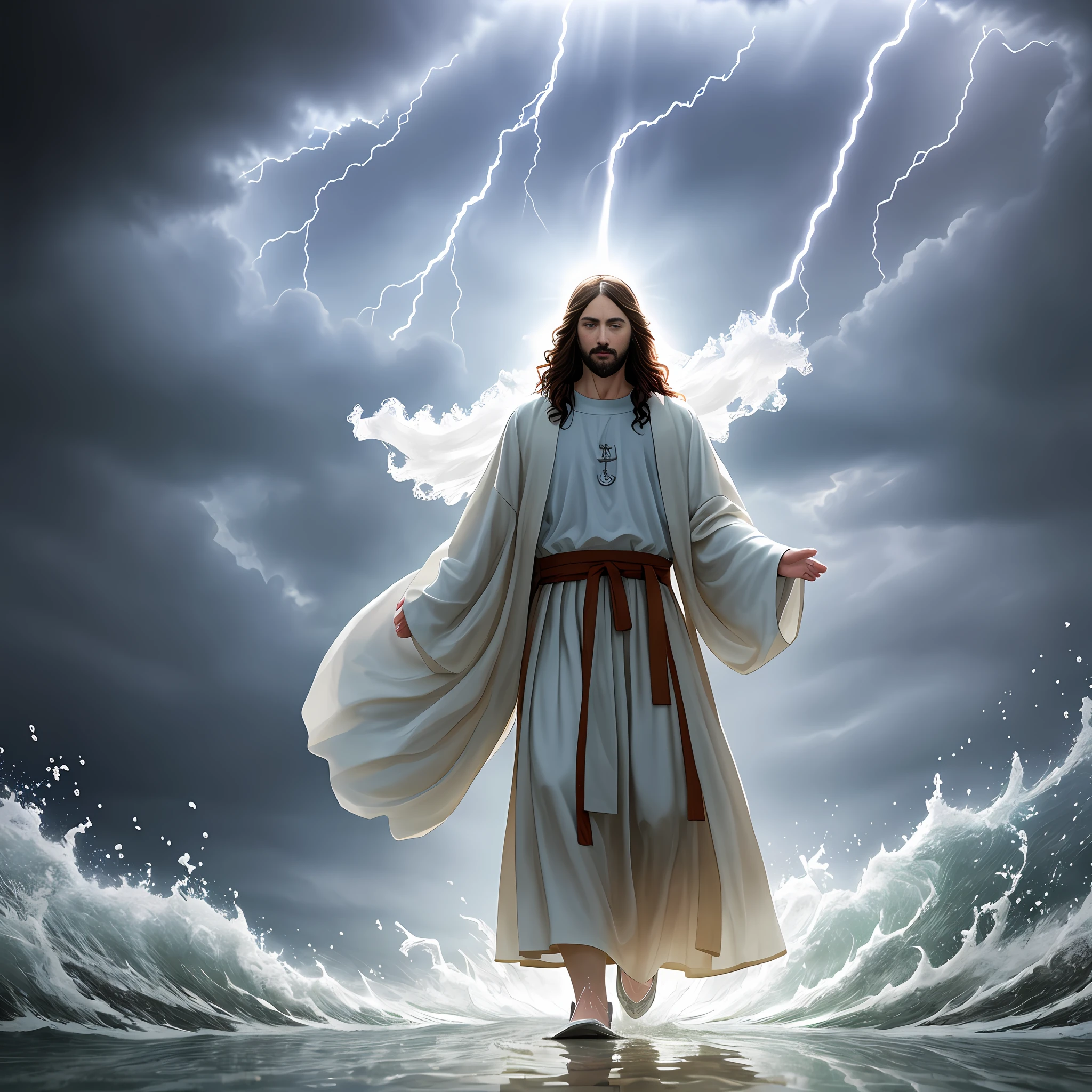 jesus walking on water in a storm, masterpiece, best quality, high quality, extremely detailed CG unit 8k wallpaper, award winning photography, Bokeh, Depth of Field, HDR, bloom, Chromatic aberration, photorealistic, extremely detailed, trending on artstation, trending on CGsociety, intricate, high detail, dramatic, mid-journey art, volumetric lighting