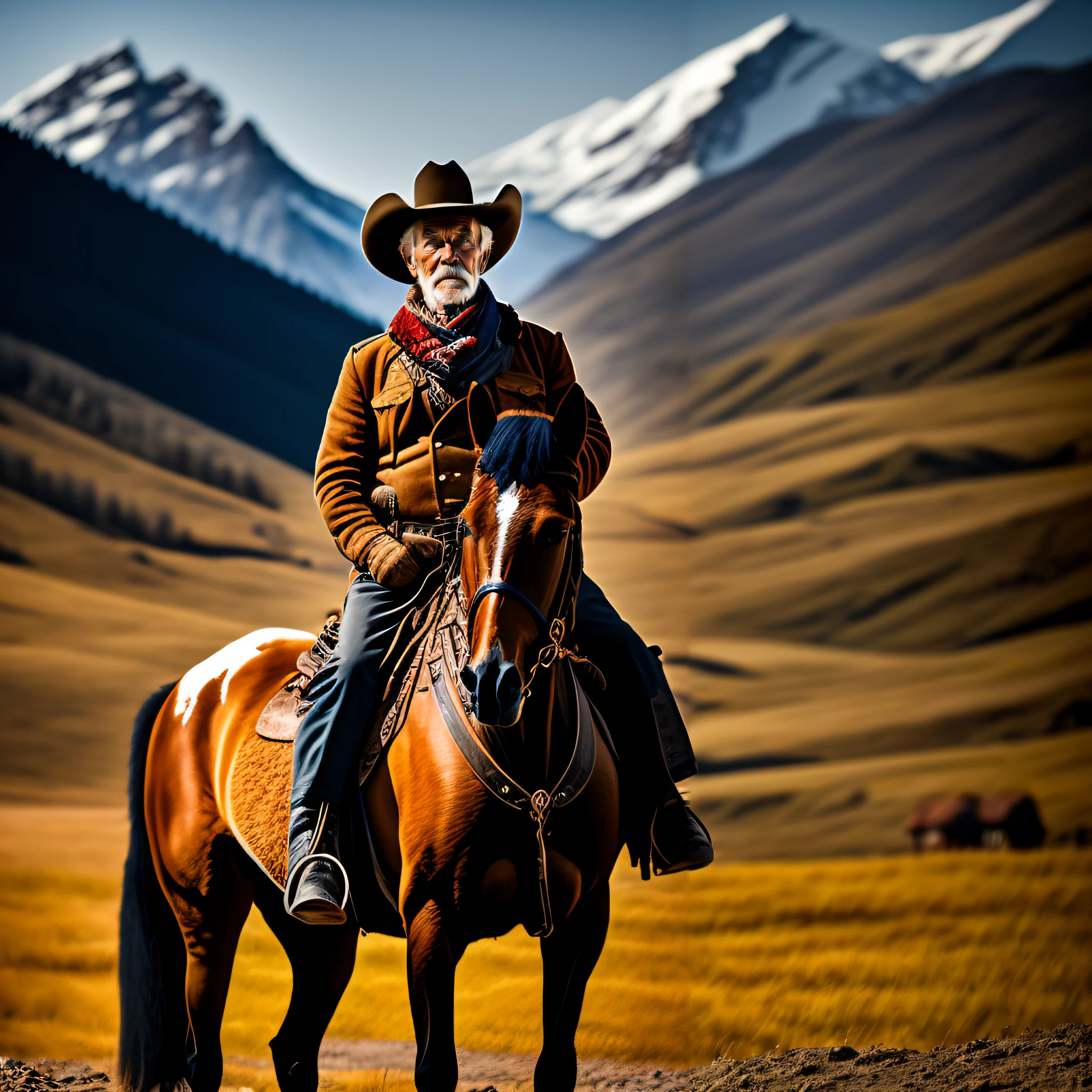 there is a man riding a horse in a field with mountains in the background, Old cowboy in the Arctic, Cowboy na Faixa, retrato do vaqueiro, vaqueiro, Cowboy barbudo, filme de faroeste, an epic western, 4 k oeste selvagem, Velho Oeste, Arte ocidental, Retrato de um vaqueiro, [ filme de faroeste ], homem no traje do cavalo, simetria!! Retrato de um vaqueiro