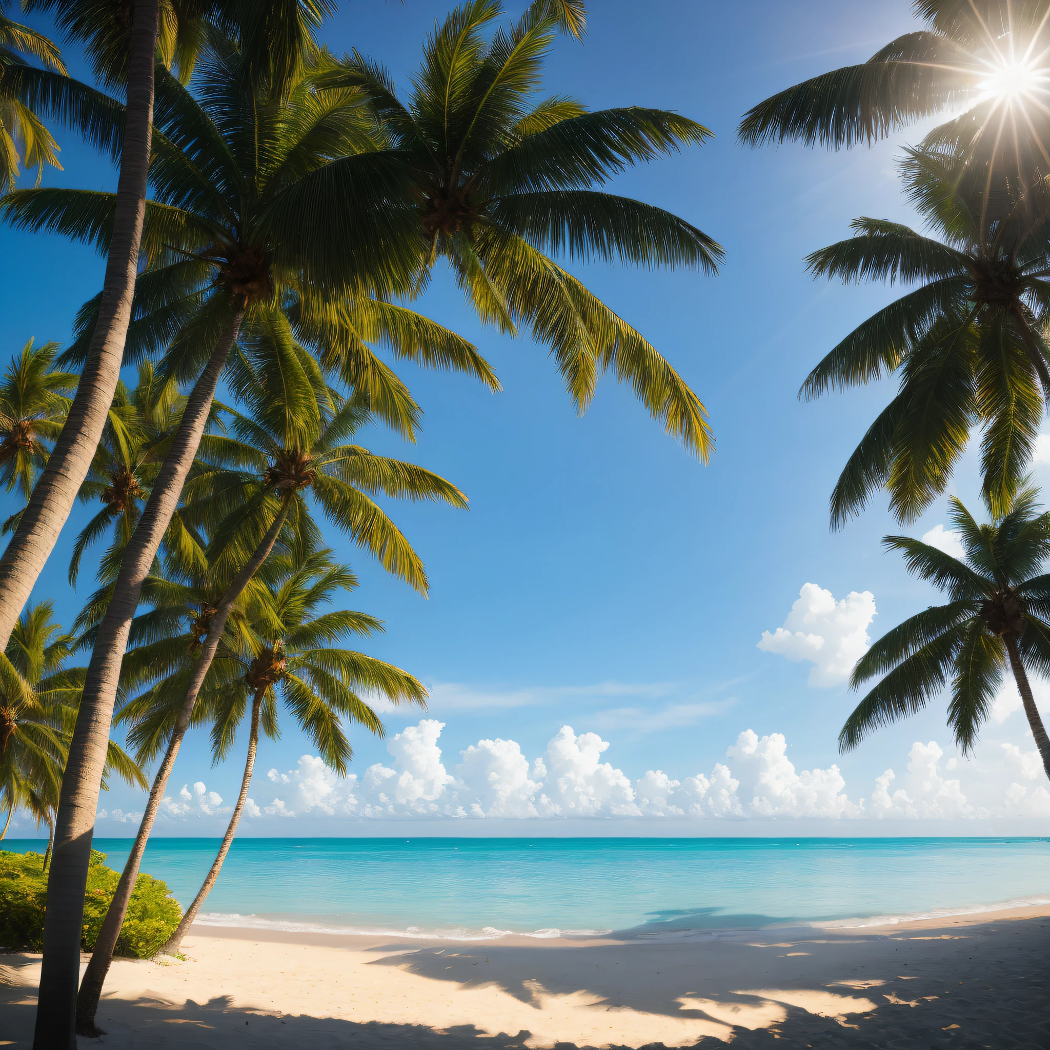 palm trees on the beach,Blue sky and ocean in the background, palm trees on the beach, tropical beach paradise, Tropical beaches, sunny day at beach, at a tropical beach, coconut palms, coconut palms, palm trees james gurney, tropical location, carribean white sand, beach, Tropical paradise, palm leaves on the beach, Sunny environment, Beautiful beach