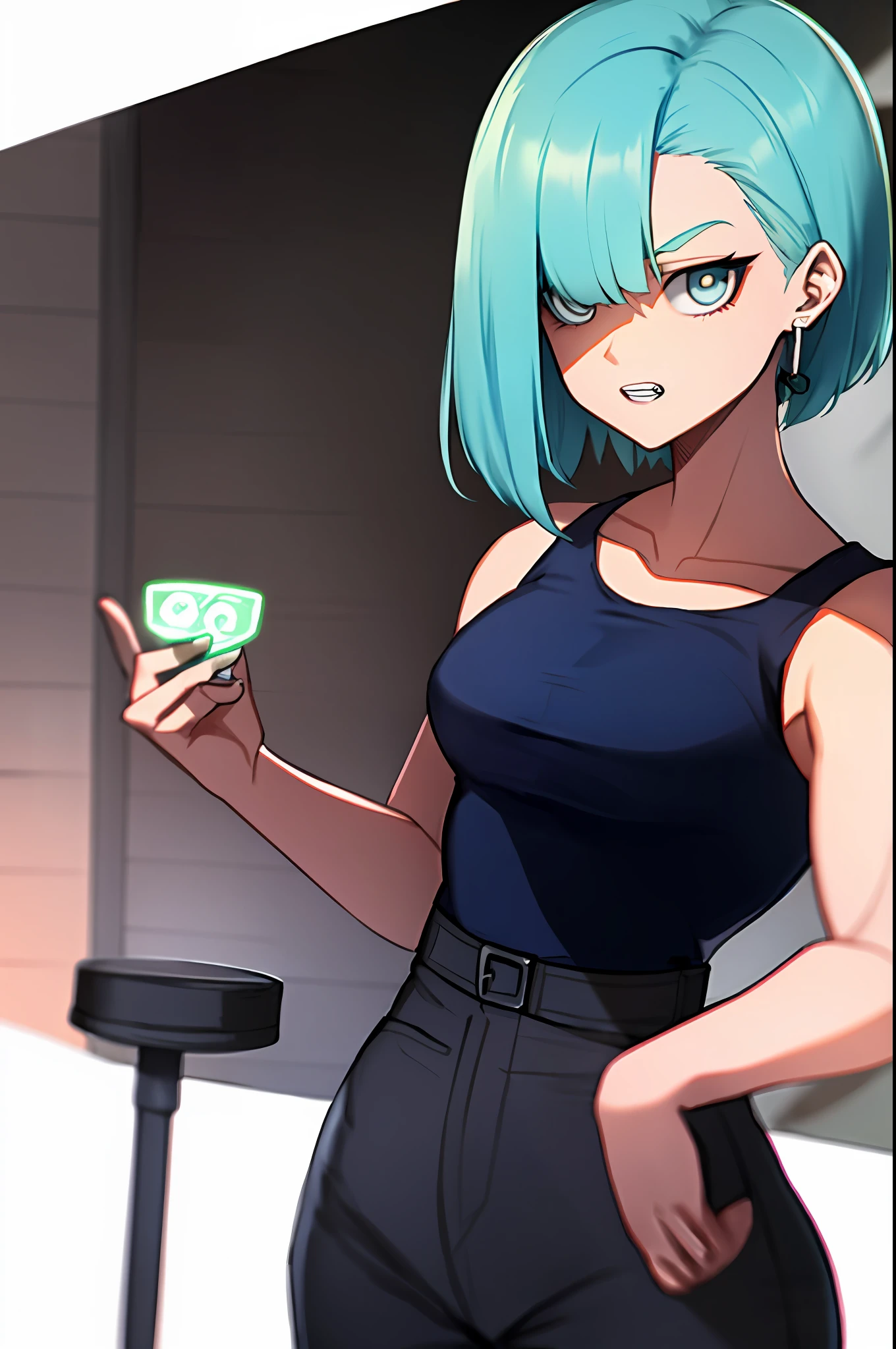 Bulma, Girl, brava, dano de batalha, cabelo azul, faixa azul, dentes cerrados, furiosa, olhos verdes, foco feminino, musculosa, girl musculoso, faixa, solo, cabelo espetado, super saiyan, dentes, pulseira preta, ((obra-prima))
