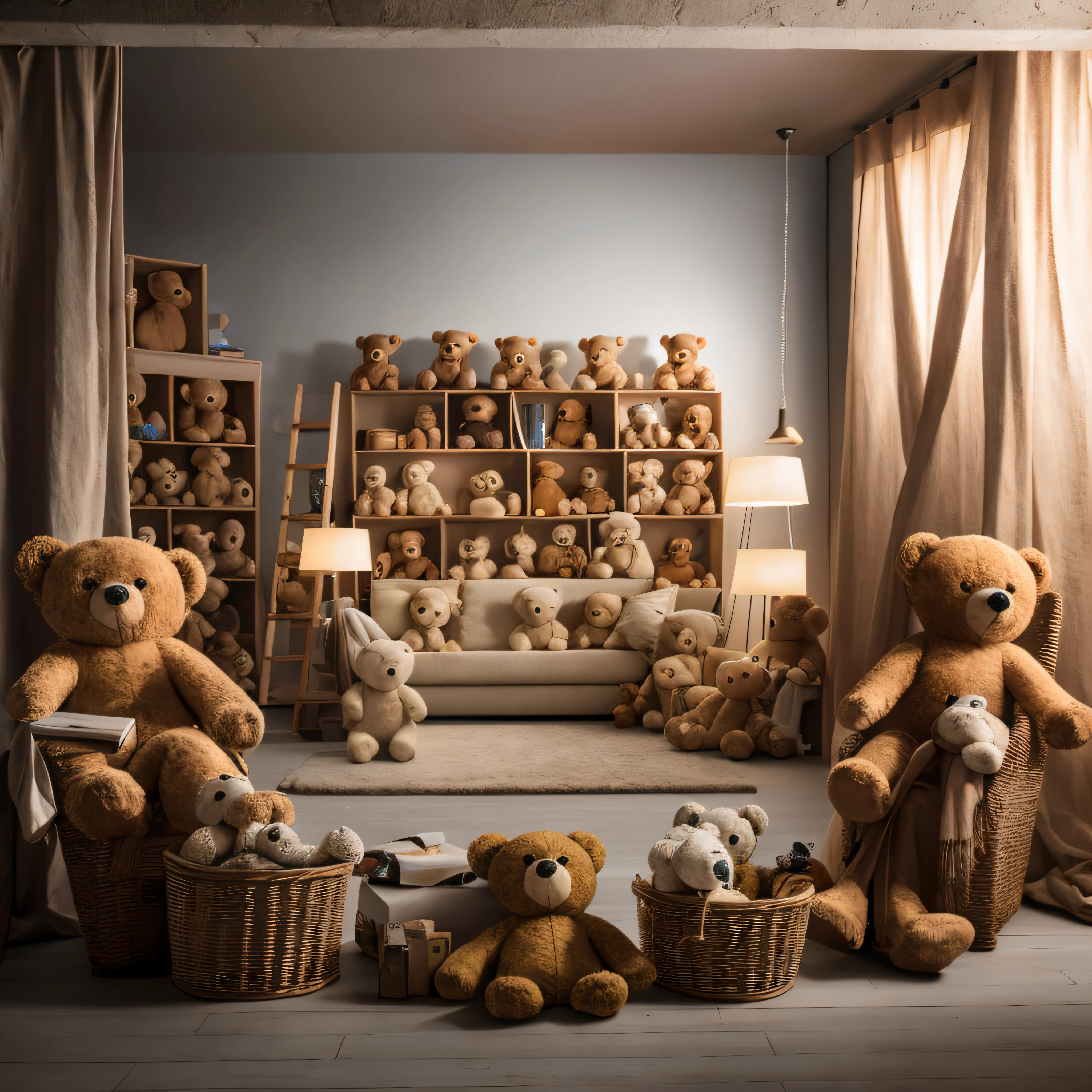 there are many teddy bears in a room with a couch, por Aleksander Gierymski, Sala de juguetes, por Etienne Delessert, Foto comercial de juguete, Muebles de felpa, por Daniel Gelon, por Romain brook, cozy studio photography, tendencias ，, Ambiente acogedor, soft mood, sergey zabelin, por Martin Benka, Osos