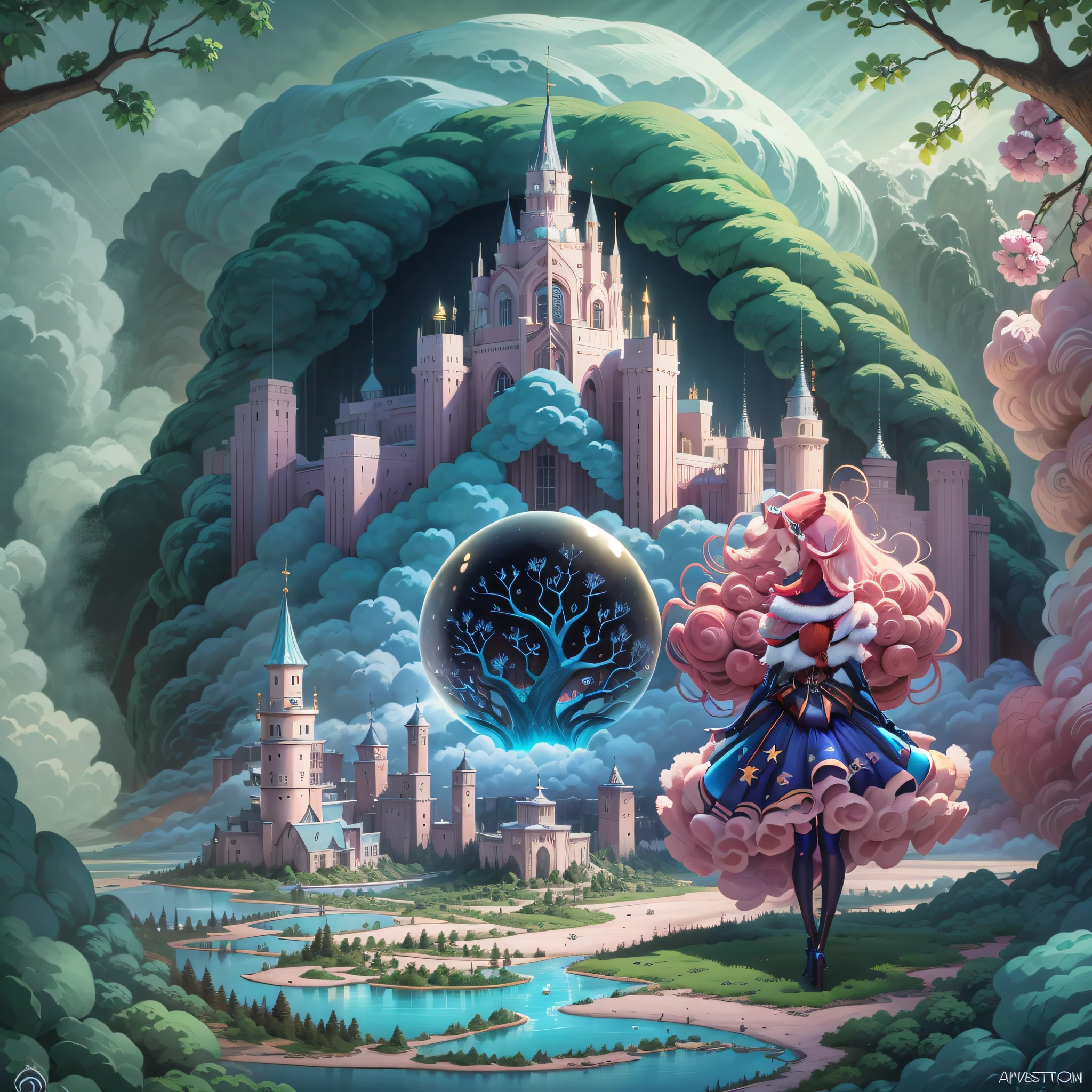 There is a tree that is inside a bubble frame , a beautiful artwork illustration, Arte conceitual de inverno, Jen Bartel, stylized digital illustration, fantasia de cena de inverno, Highly detailed illustration, made of tree and fantasy valley, inspirado em Eyvind Earle, in style of digital illustration, landscape illustration, arte estilizada muito coerente, mystic winter landscape, high detailed illustration