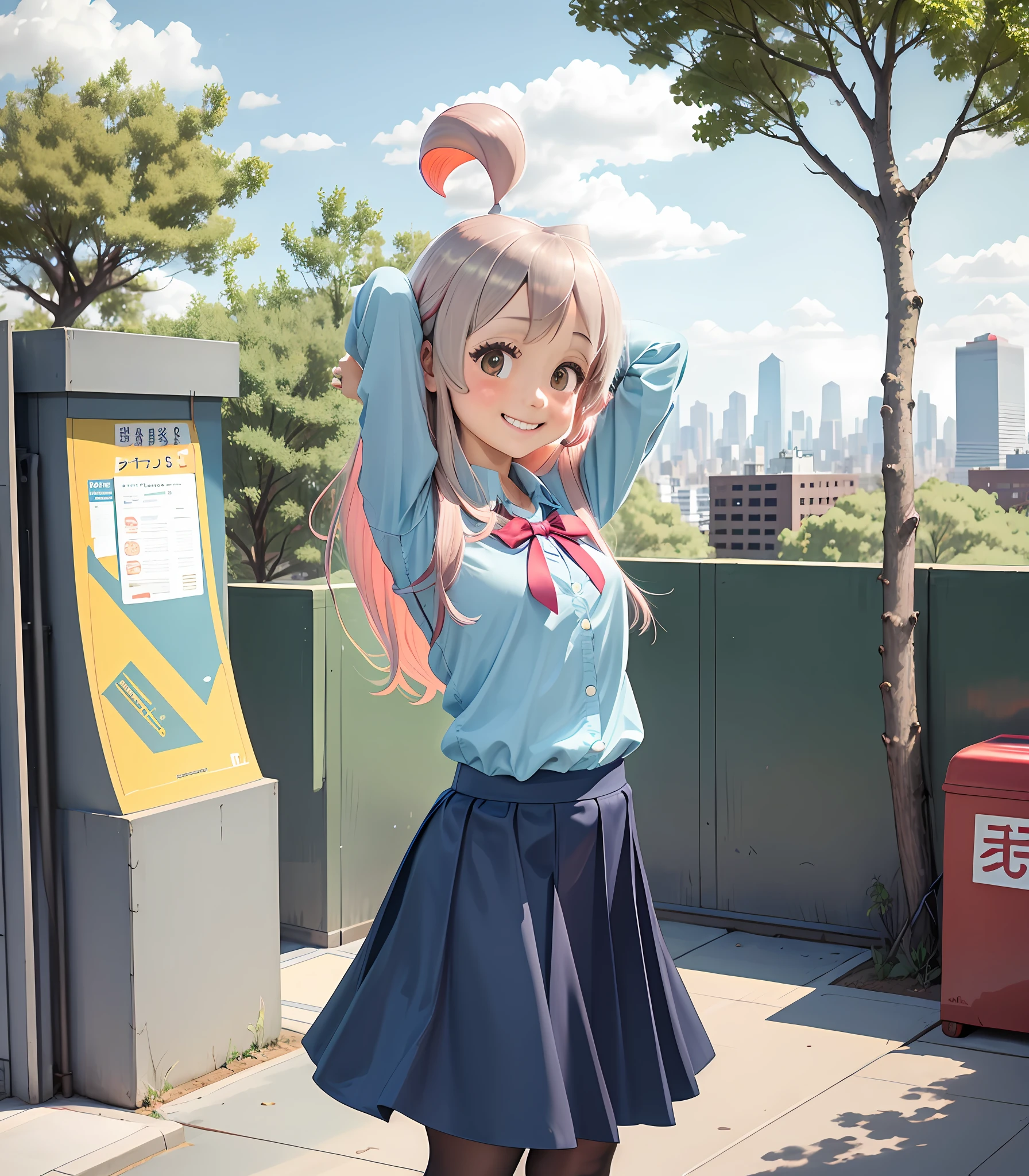 1girl, cowboy shot, straight head, arms behind head, arms up, hands in pockets, standing, bangs, looking at the audience, ahoge, long hair, blushing, (school uniform), blue shirt, layered skirt, blue skirt, (long skirt: 1.1), red ribbon, long sleeves, white trousers, pantyhose, brown uwabaki, smile, solo, naked tree, architecture, city, cityscape, daytime, outdoors, skyscraper, street, tokyo (city\), tree