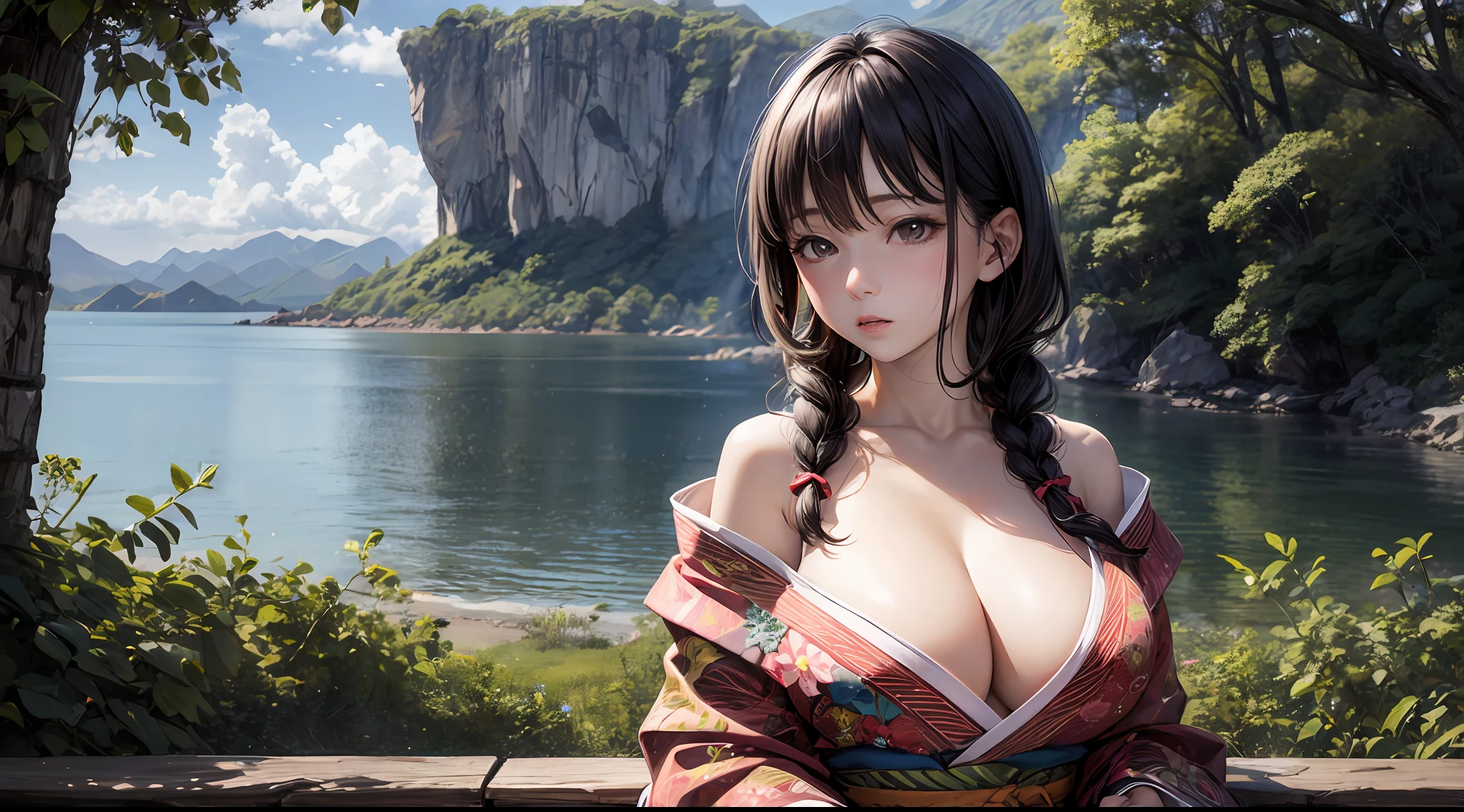 （chainsawman、Makima）、Brown skin、kimono、（Orange braid）、Young、Cute、a beautifulchi girl、Perfect style、HugeBoobs、Emphasizes cleavage、deadpan、Realstic、Realistic、８ｋ、intensely detailed、HighestQuali、Top image quality、UltraHighResolution、巨作、only girl、（The background is the sea of Japan）、