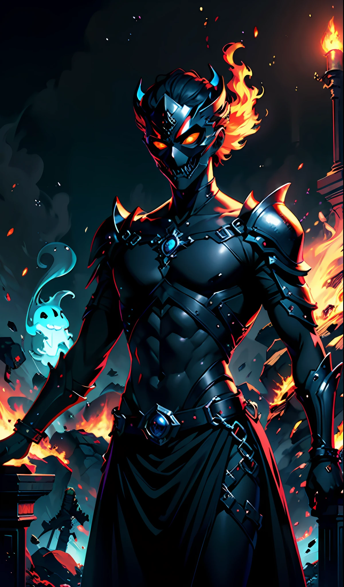(extremely detailed CG unity 8k wallpaper, masterpiece, best quality, ultra-detailed), (Heaven: 0.6 + Hell + Ghost: 1.2 + Hades: 1.5+ Underworld: 1.4), King of Yan, Throne, Crown, orange Clothes, Mask, Dill Red Light, Flames, Underworld Background, HD Sharp, Extremely Realistic.
