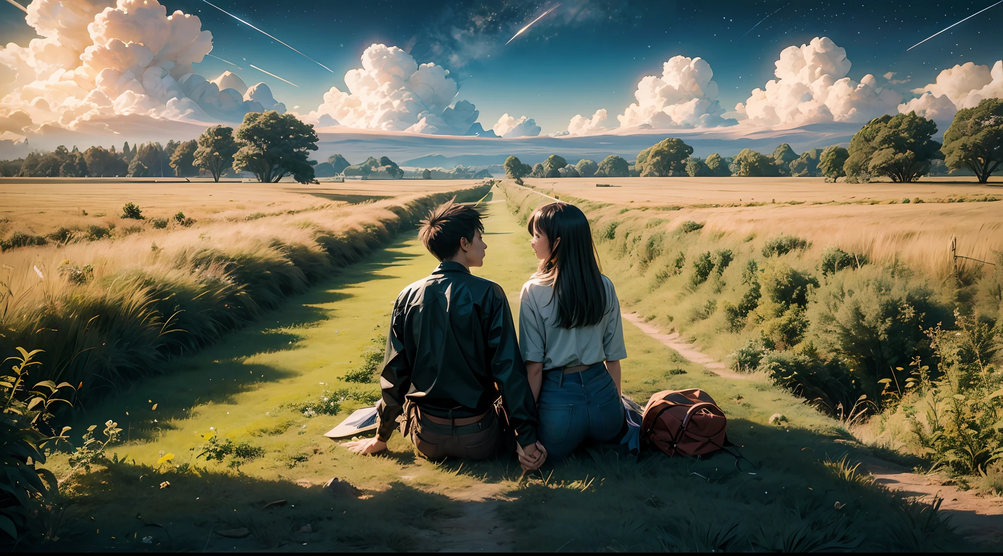 夜晚,The sky is full of stars,Meteor,planetes,Anime art wallpaper 4k holding hands and sitting in field holding hands looking up at the sky, Anime art wallpaper 4 K