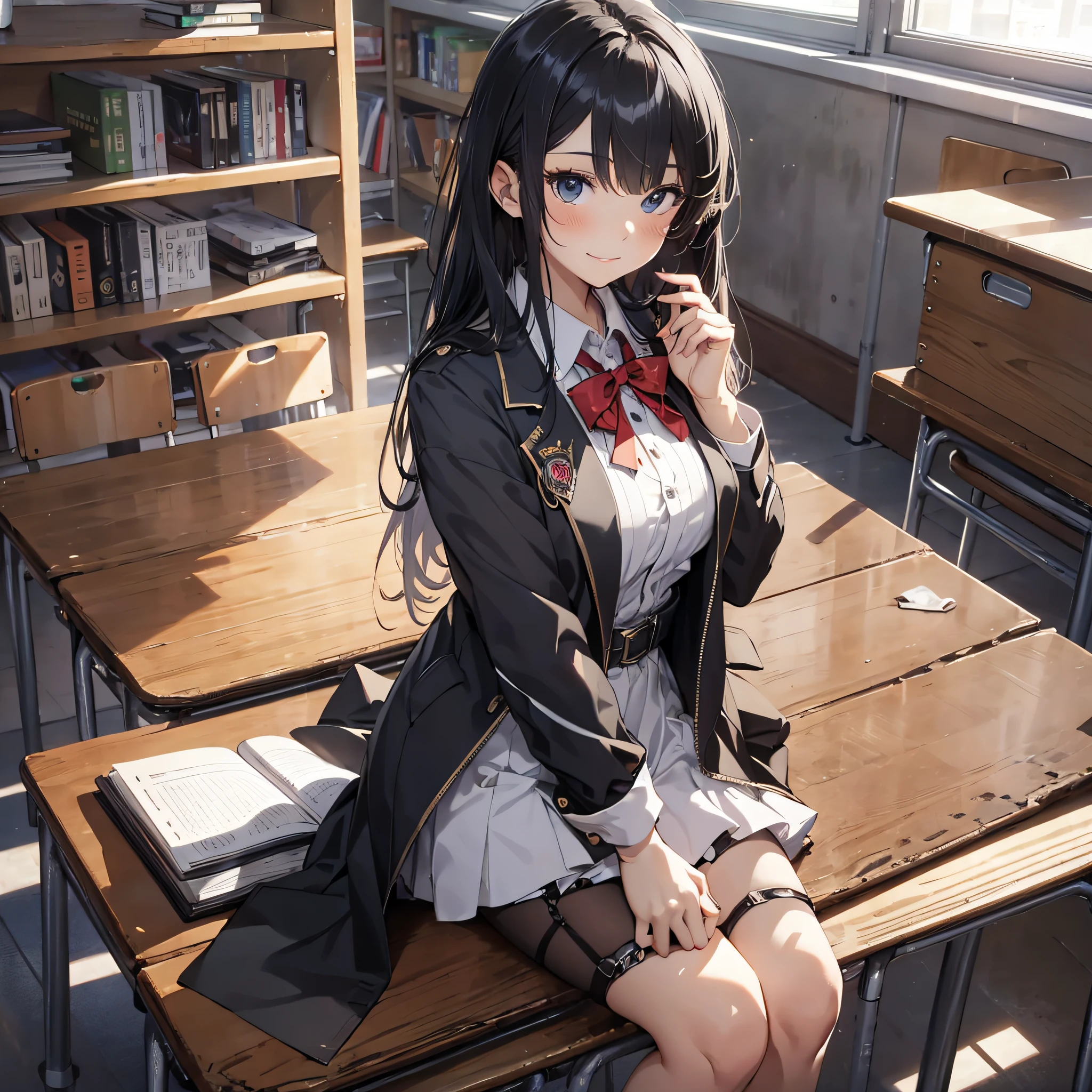 Ridiculous resolution，high resolutions，（master-piece：1.4），ultra-details，A black-haired young woman dressed in a school costume，classroom，mischievous expression，Sit