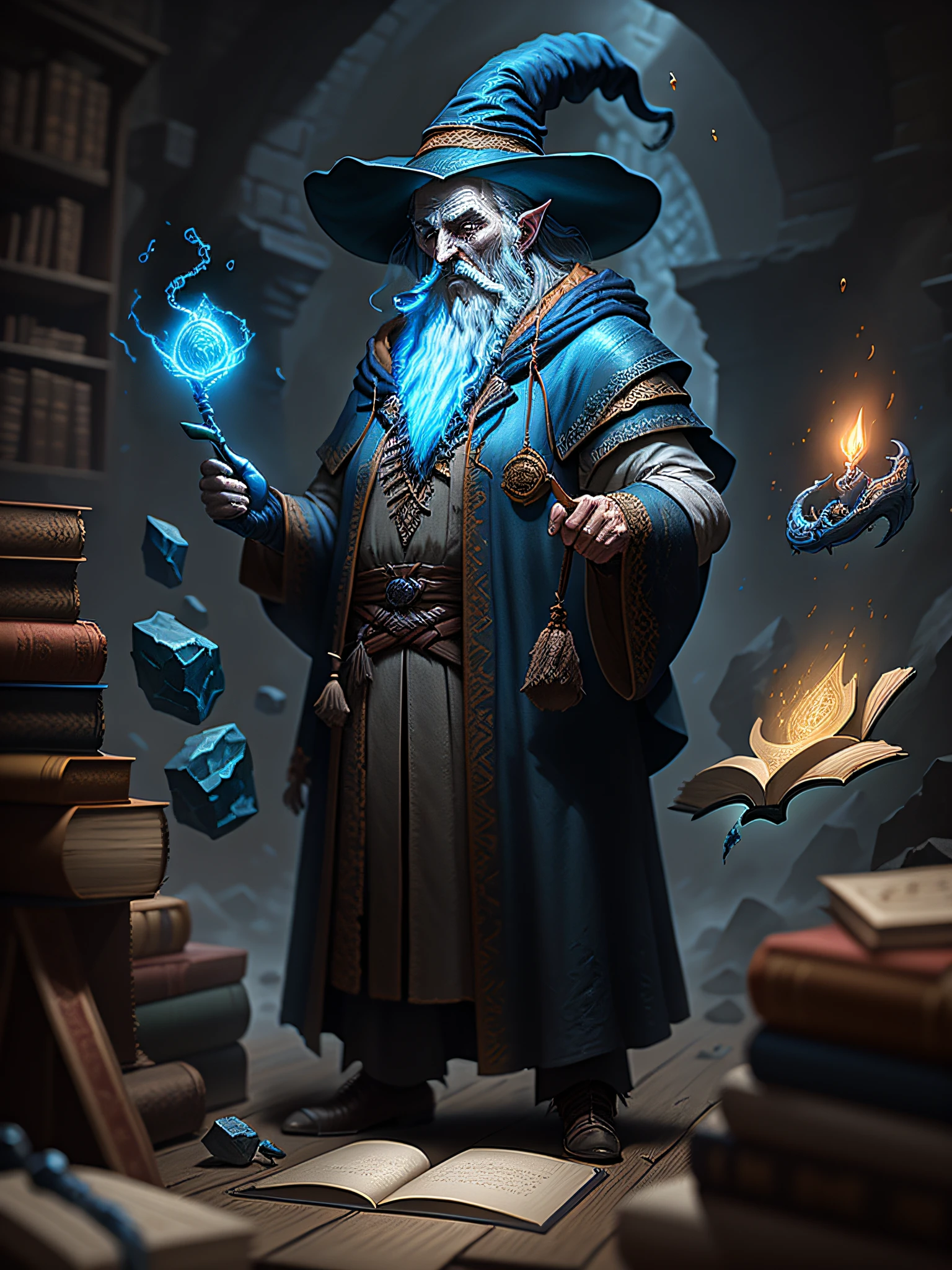 an old wizard doing spells, emphasis on its action, texturas ultra detalhadas, layers of textures faithful to reality, Professional lighting, detalhamento realista