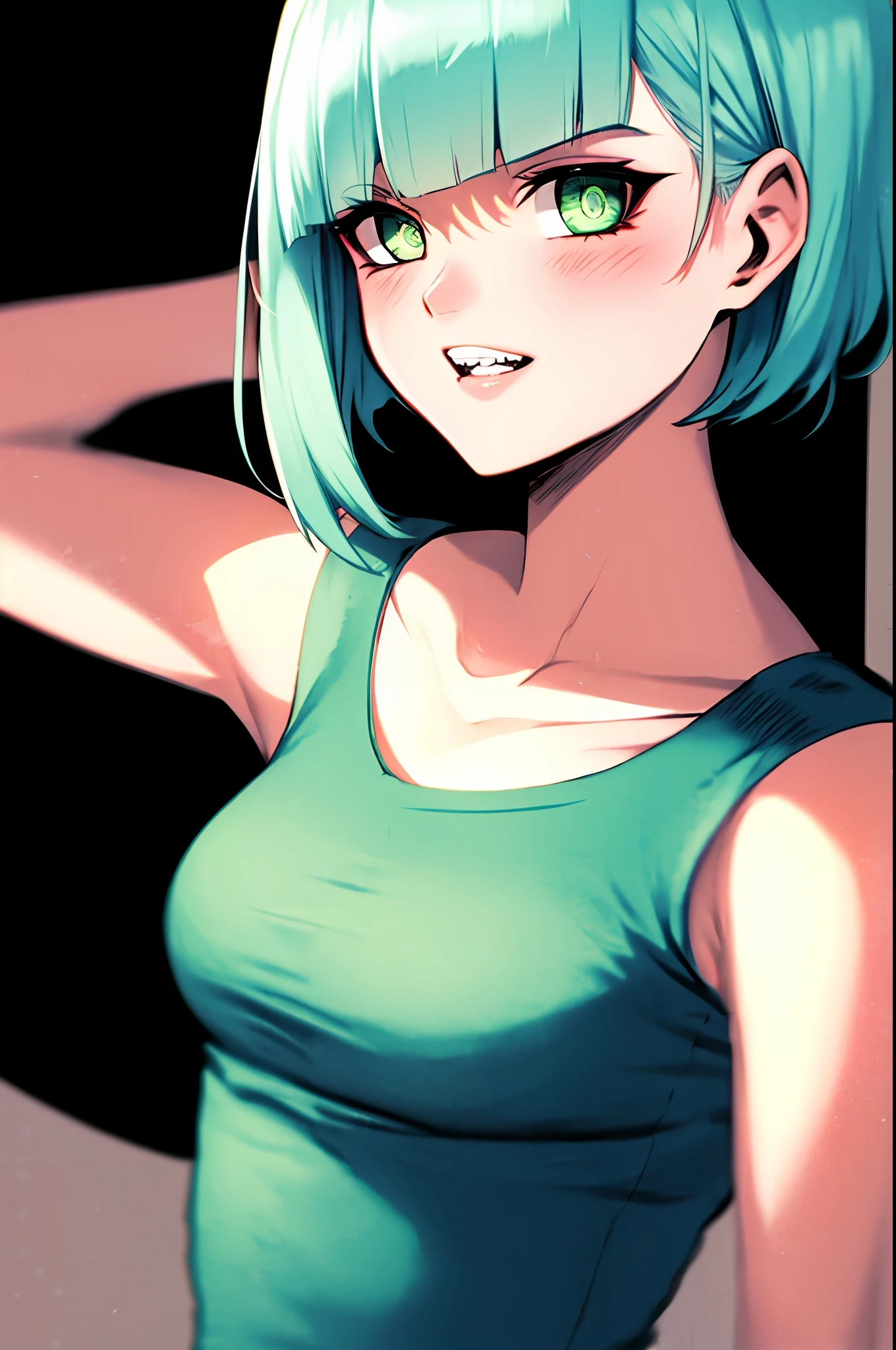 Bulma, Girl, brava, dano de batalha, cabelo azul, faixa azul, dentes cerrados, furiosa, olhos verdes, foco feminino, musculosa, girl musculoso, faixa, solo, cabelo espetado, super saiyan, dentes, pulseira rosa, ((obra-prima))