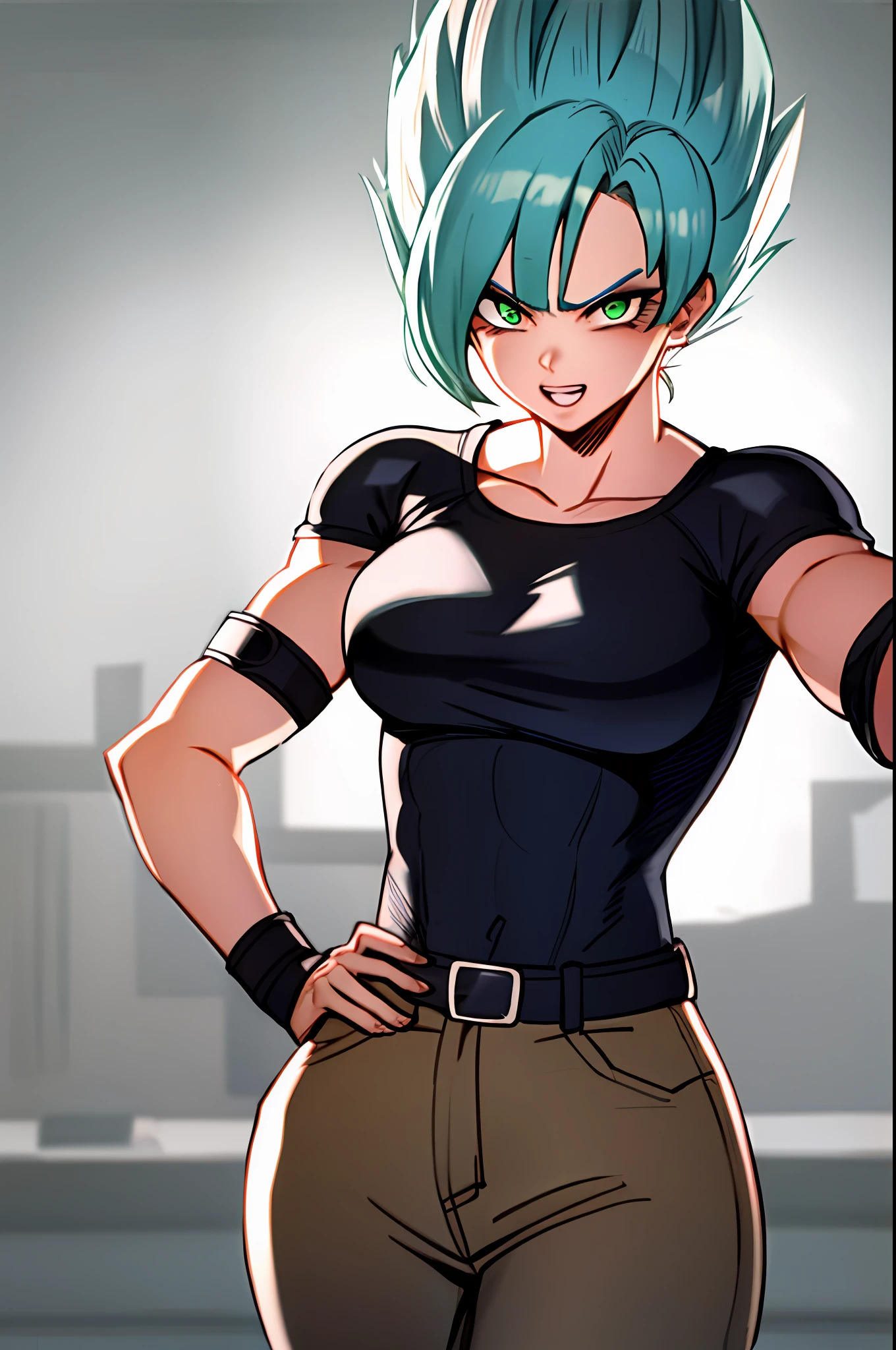 Bulma, Girl, brava, dano de batalha, cabelo azul, faixa azul, dentes cerrados, furiosa, olhos verdes, foco feminino, musculosa, girl musculoso, faixa, solo, cabelo espetado, super saiyan, dentes, pulseira rosa, ((obra-prima))