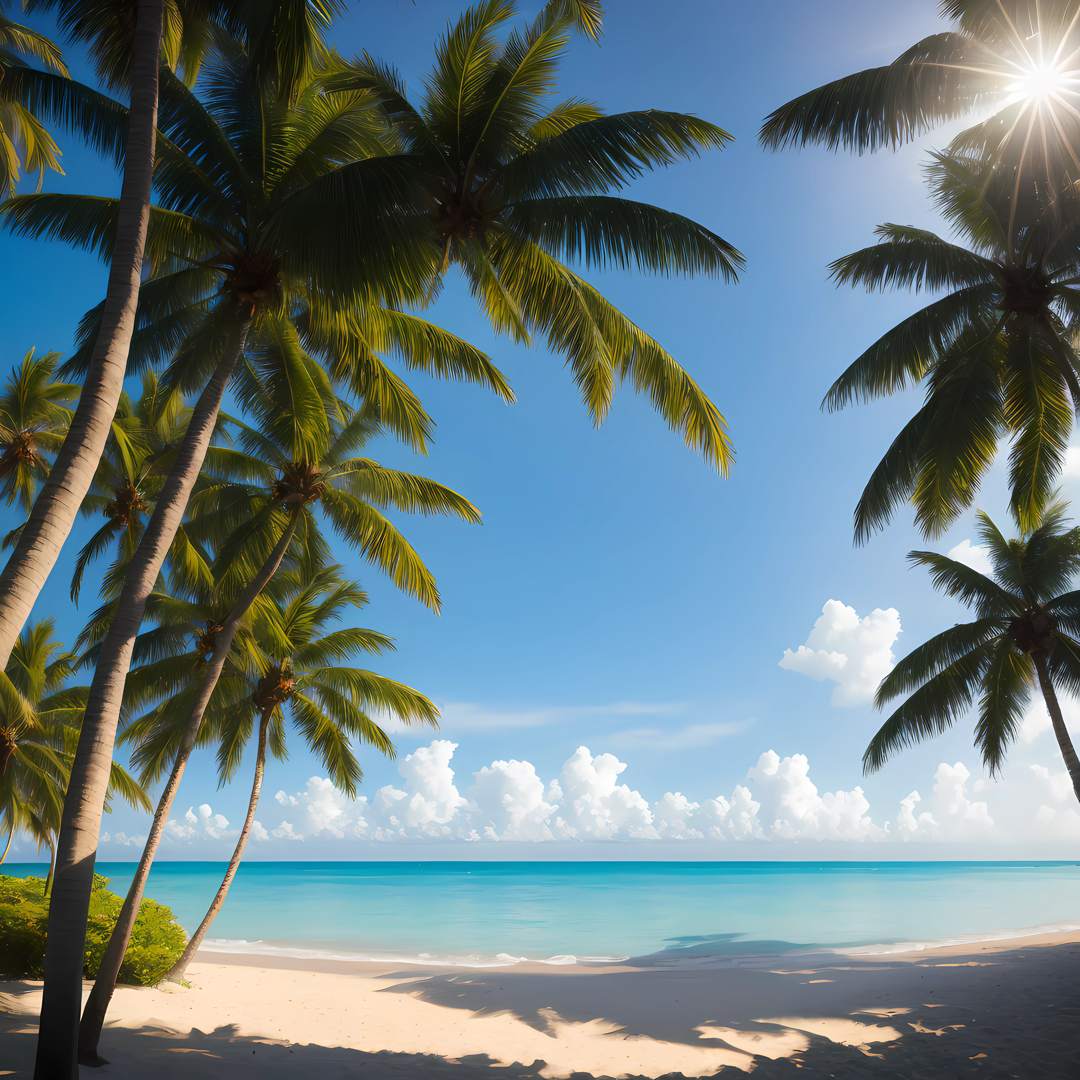 palm trees on the beach，Blue sky and ocean in the background, palm trees on the beach, tropical beach paradise, Tropical beaches, sunny day at beach, at a tropical beach, coconut palms, coconut palms, palm trees james gurney, tropical location, carribean white sand, beach, Tropical paradise, palm leaves on the beach, Sunny environment, Beautiful beach