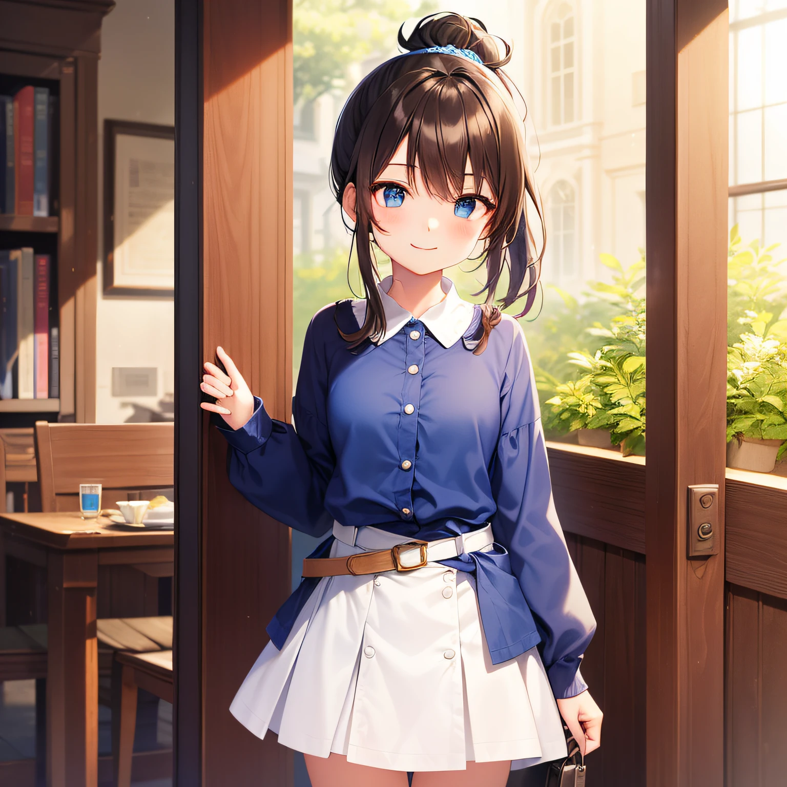 Top quality, very delicate and beautiful, girl, 11 years old, (dark brown hair), blue clothes with vertical buttons, belt at the waist, white skirt, (ponytail)), (white hair band), (brown boots), blue eyes, standing, smile