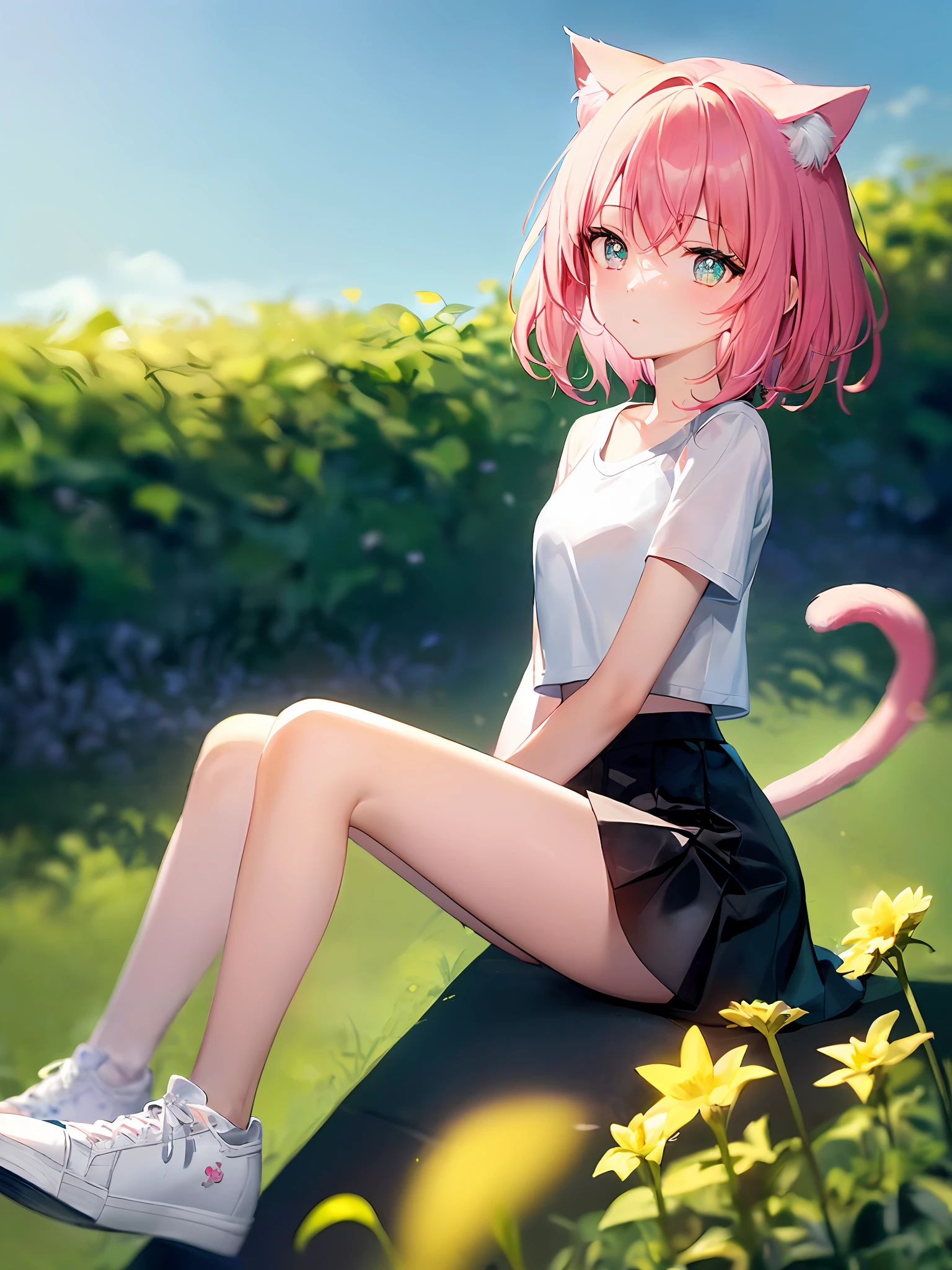 1girls, (Single person:1.2)，(巨作:1.2), (Best quality:1.2), High-waisted skirt, break [Blue:pink:0.5] theme, (gradient backgrounds :1.1), Cowboy shot, Cinematic light，(Perfect hand 1.5)， Break through pink hair, short-cut hair, Cat ears， (White top:1.2), (Black miniskirt:1.2)，(White sneakers:1.2)，Beth，Blue eyes，(Cat pupils:1.2)， Slender beautiful legs，cat tails，Playful，Garden background