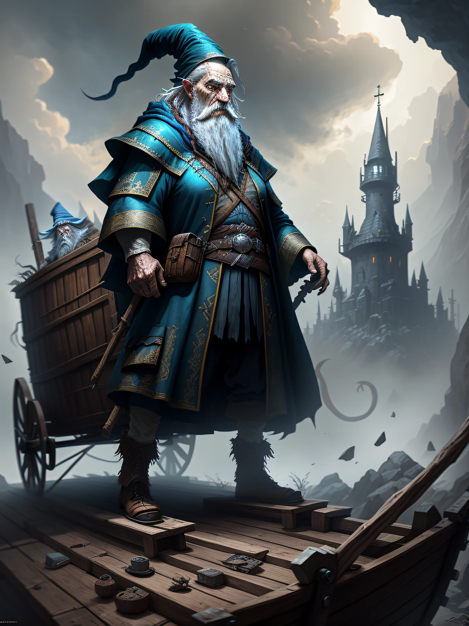 an old wizard doing spells, emphasis on its action, texturas ultra detalhadas, layers of textures faithful to reality, Professional  lighting, detalhamento realista