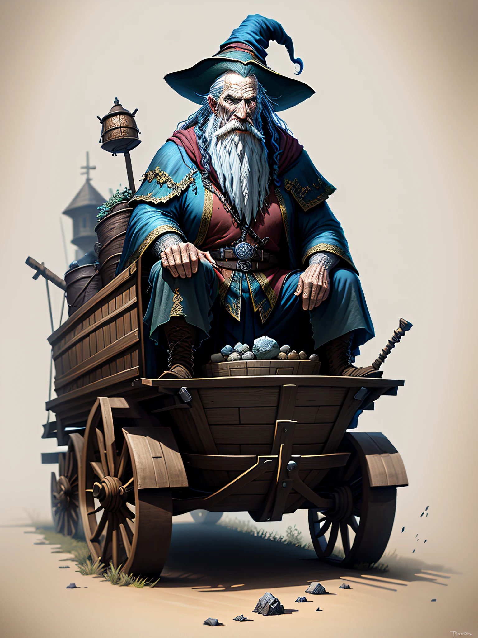 an old wizard on top of a wagon, emphasis on its action, texturas ultra detalhadas, layers of textures faithful to reality, Professional lighting, detalhamento realista