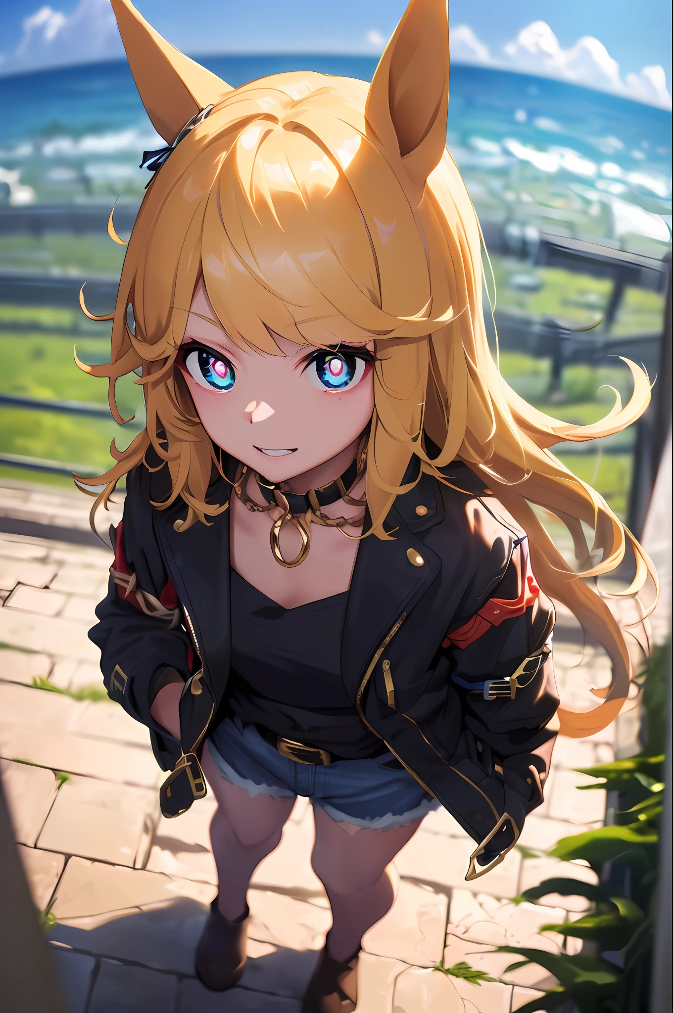 ((巨作))、(illutst)、(((HighestQuali))、iridescent、
((beautiful detailed girls))、midchest、Upper_body、
(Delicate and Pretty Face)、lovestruck、(iridescent eyes)、
((floating_hair))、iridescent、
Parted lips、Black choker、Gold Chain、single glove、white glove、long sleeves、Bando、cleavage of the breast、Strapless、Tube Top、Belly Navel、Midriff、Open jacket、Open clothes、Black Jacket、Black belt、Denim Shorts、cut-off、mismatched footwear、
、Beautiful Landscape、Horse ears
Gold City\(Umamusume\)、Modeling shots、dinamic pose:1.3、(beautiful and magnificent skyline、Majestic sky)、(extremely tense and dramatic pictures、Moving visual effects)、(high hanging Polaris、Colorful natural light)、(1girls)、((巨作、HighestQuali、巨作))、((ultra detaild))、((high-resolution illustrations))、((extremelydelicateandbeautiful)) ((1girls))、(((巨作)),(HighestQuali), 1girls,独奏, intensely detailed, detailed faces,Detailed eye,illutst,2 k,(A full body:1.2), 、are standing、(sinister smirk)、 ((hallway))、When you look at the viewer、Portrait centered、(close-ups:1.4)、Haut du corps、(from above view:1.4)、(wide-angle lens:1.2)、(Fisheye effect:1.1)、Head turned sideways、evil、 If you look at the viewer、(Head down)、(Night)、 bijo、fearful、(Constricted pupils:1.5)、(Crazy smile:1.2)、Glass Eye、Glass pupil、Heart-shaped pupil:1.4、cover of magazine:1.4,from above view、Kamimei、Slouching