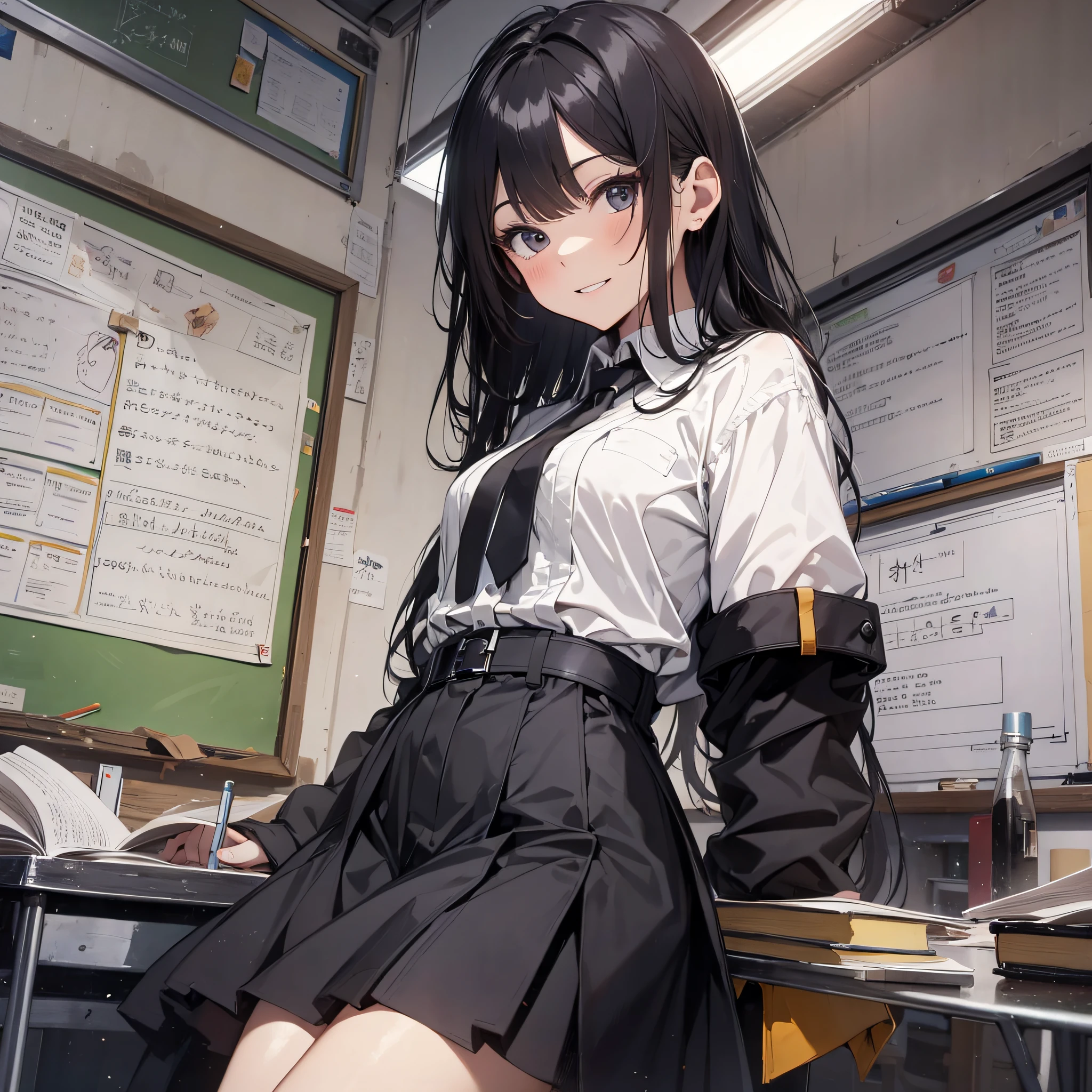 Ridiculous resolution,high resolutions,(master-piece:1.4),ultra-details,A black-haired young woman dressed in a school costume,classroom,mischievous expression,Sit