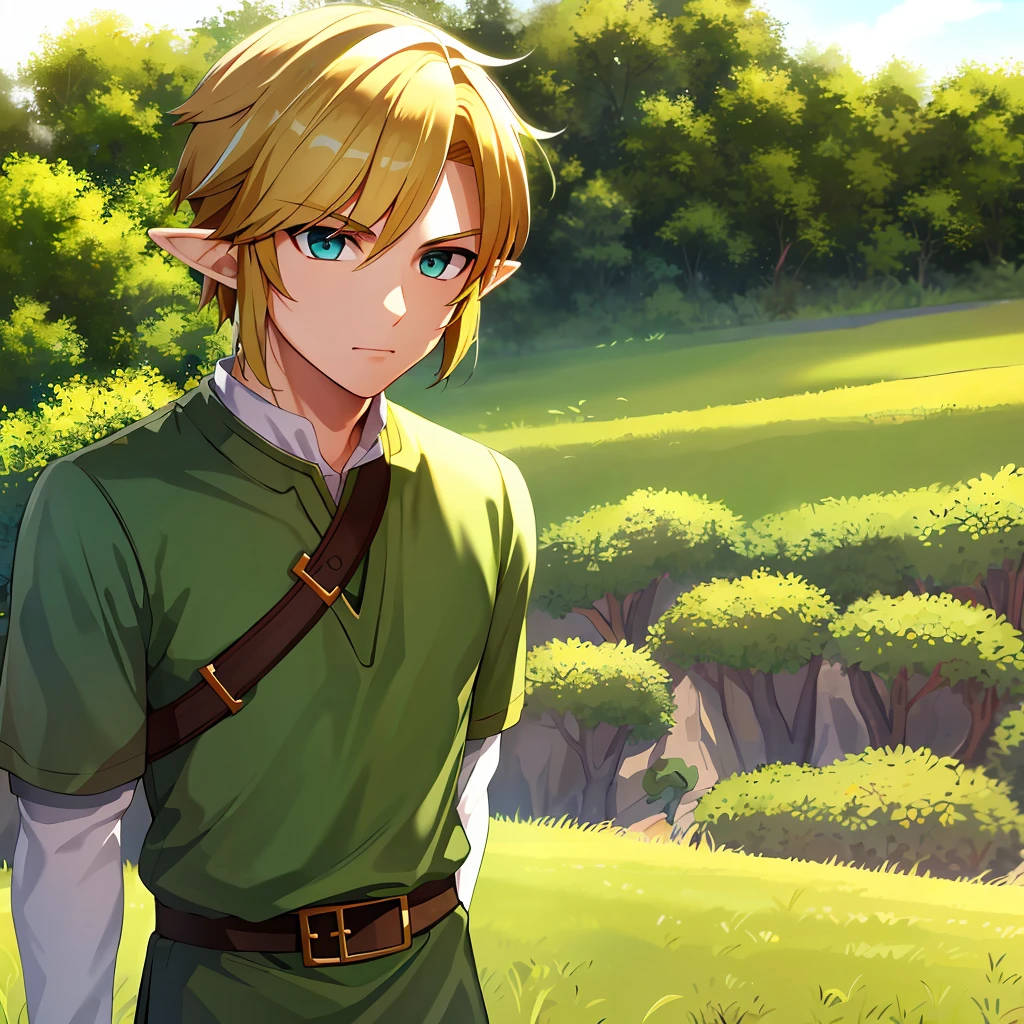 Link do jogo Zelda, obra-prima, melhor qualidade, 1boy, solo, upper body connection, a lenda de zelda, Green tunic, cabelo loiro, orelhas pontudas, ao ar livre, campo, altamente detalhado, estilo botw, intrincado,