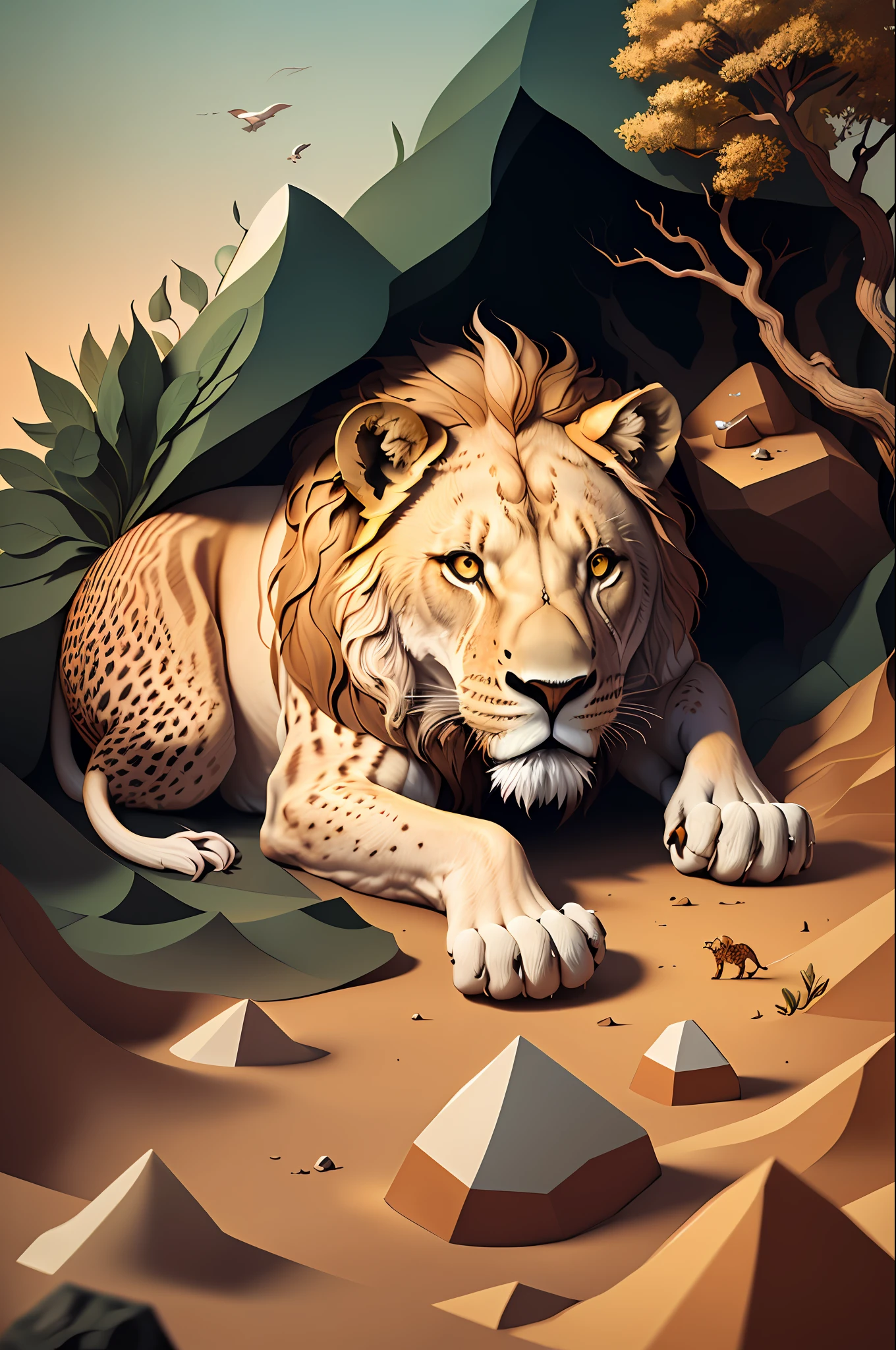 (((obra-prima))), bestquality, illustation, beautifuldetailedglow,
paper_cut, Lion, savannah, rock, Tree, sand