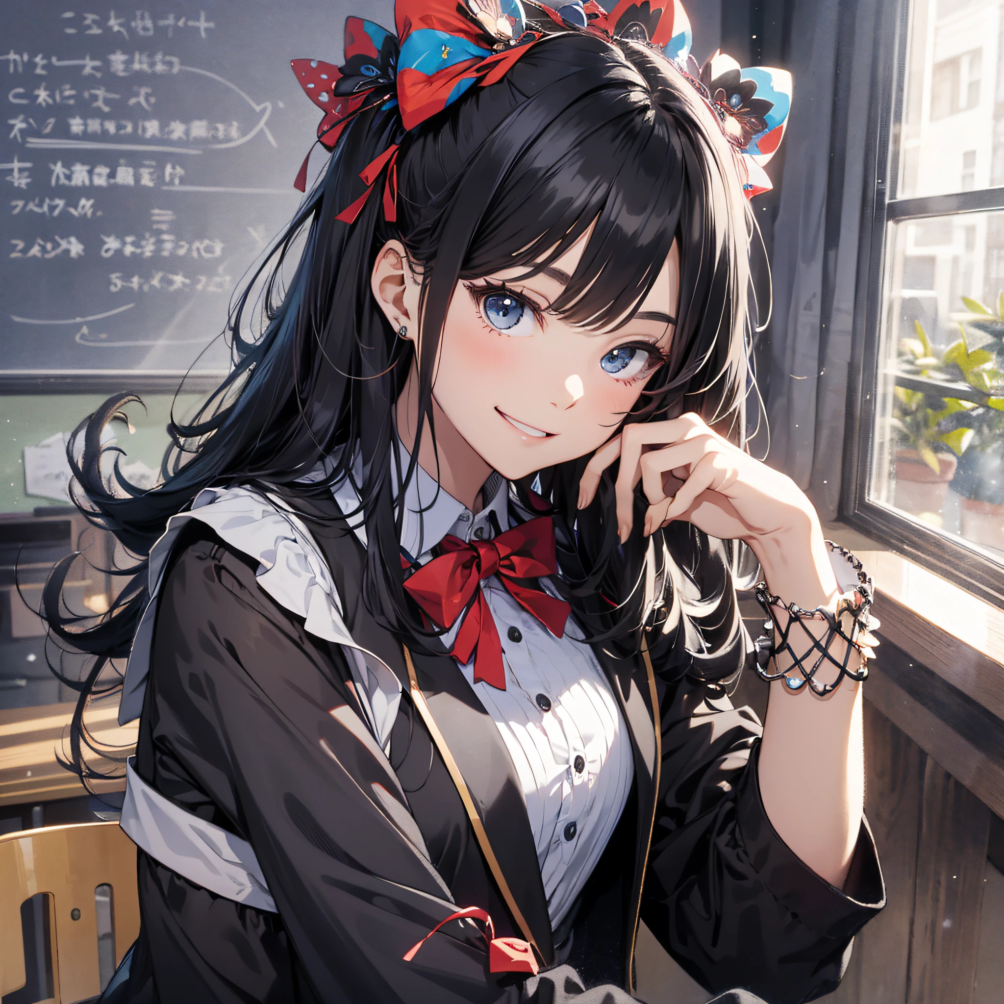 Ridiculous resolution，high resolutions，（master-piece：1.4），ultra-details，A black-haired young woman dressed in a school costume，classroom，Happy expression，Sit