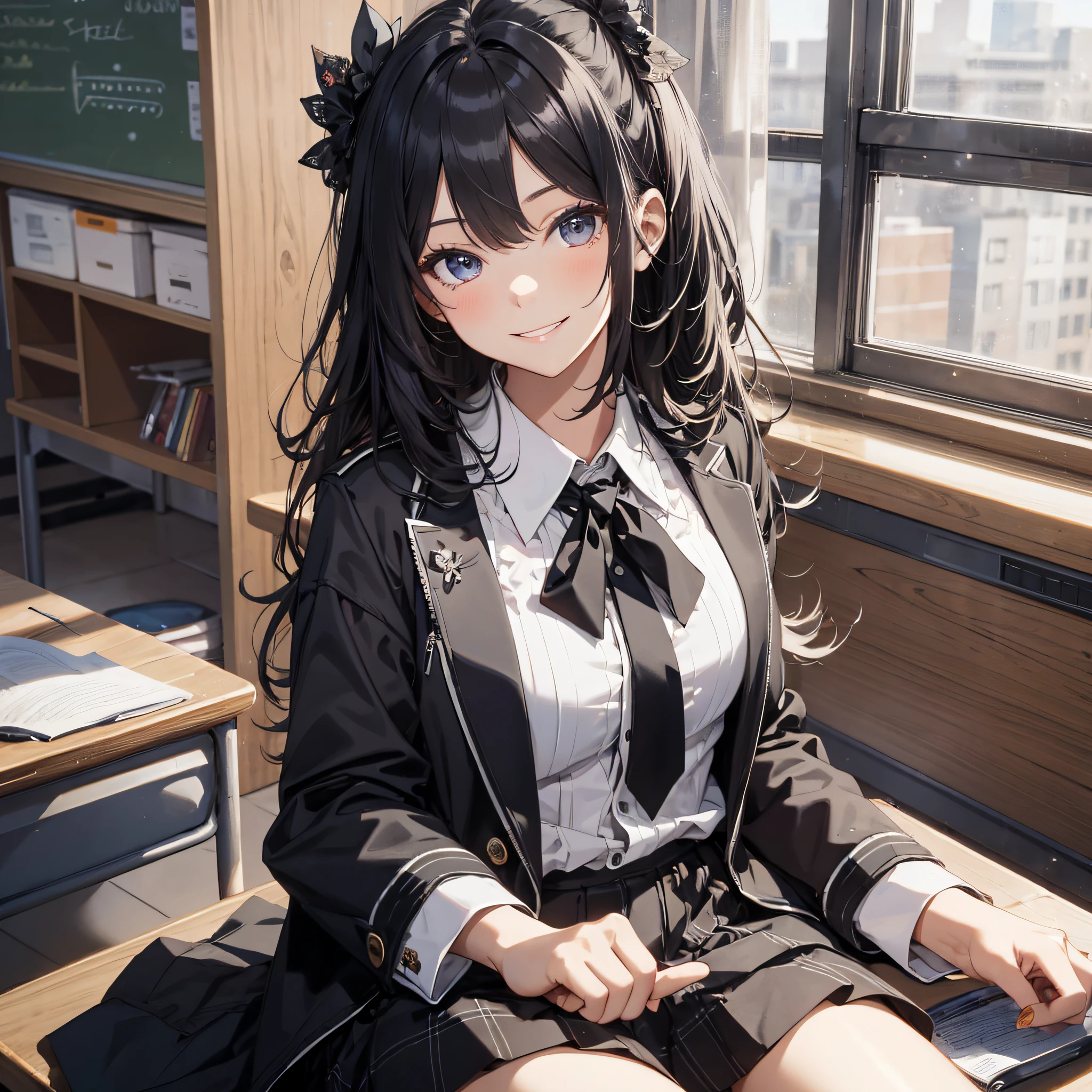 Ridiculous resolution，high resolutions，（master-piece：1.4），ultra-details，A black-haired young woman dressed in a school costume，classroom，Happy expression，Sit