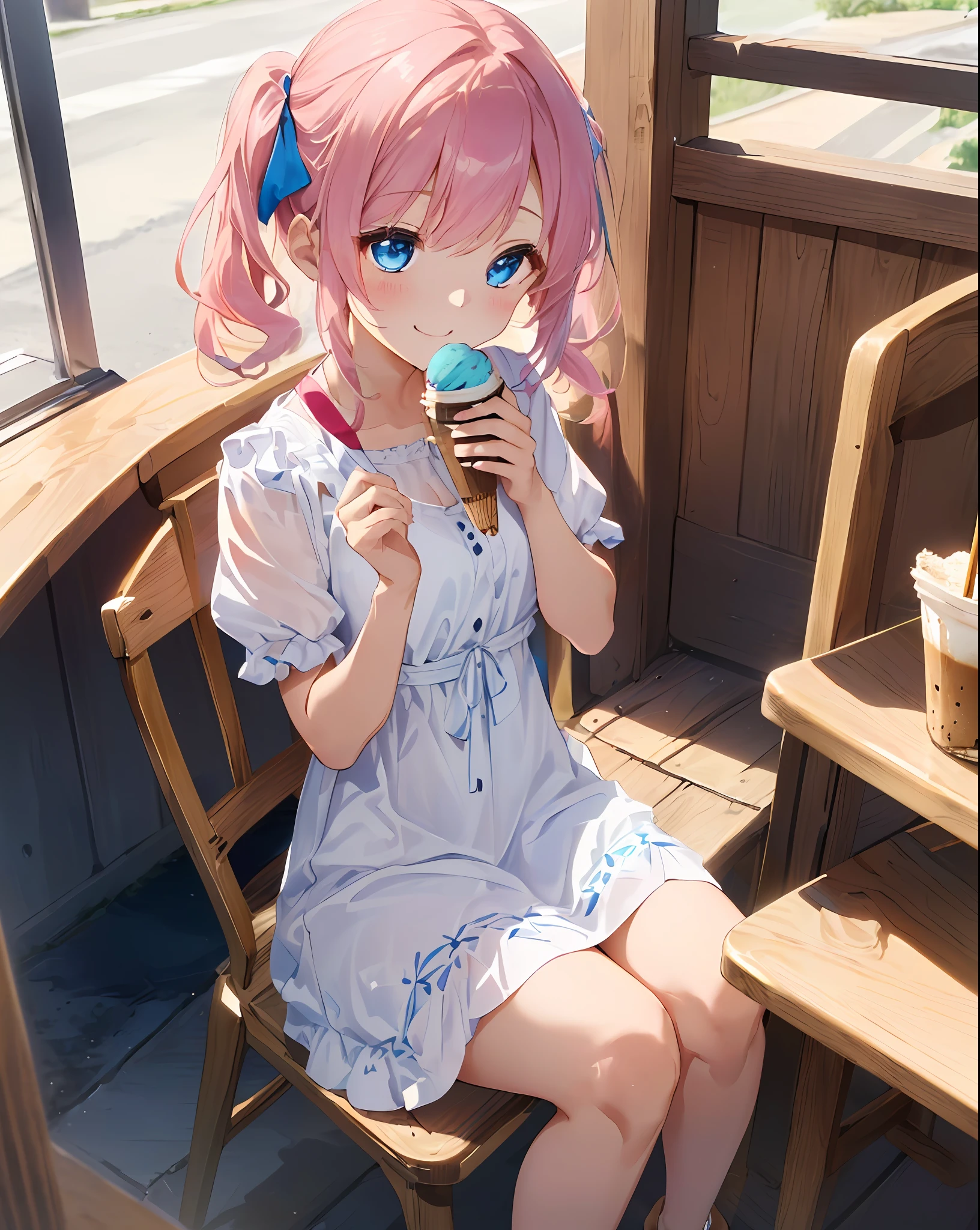 ((巨作))、((HighestQuali)、(Super Detail)、8K、Delicate depictions are filmed in anime style,
break,
 (extra very long hair、Pink hair and bright blue eyes、）(twintails)Her blue eyes are highlighted, Petite,break,
The overall tone is brighter、she is smiling. ((She wears a white summer dress)),(sitting on a chair and sleeping),
break,
((summer coffee shop))、((Shine ,Fantastic)),
break,((ful body)),Peeking into the cup ice cream,Turned