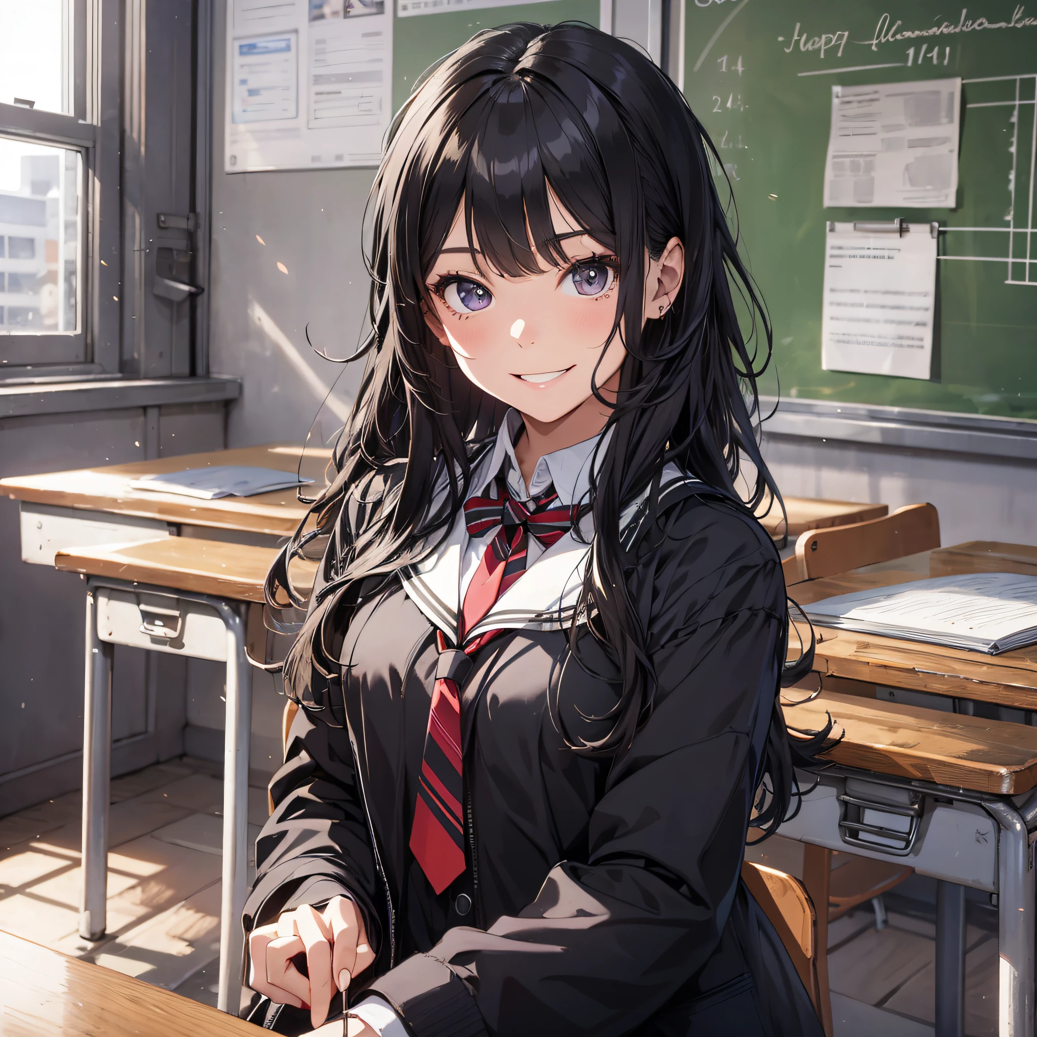 Ridiculous resolution,high resolutions,(master-piece:1.4),ultra-details,A black-haired young woman dressed in a school costume,classroom,Happy expression,Sit