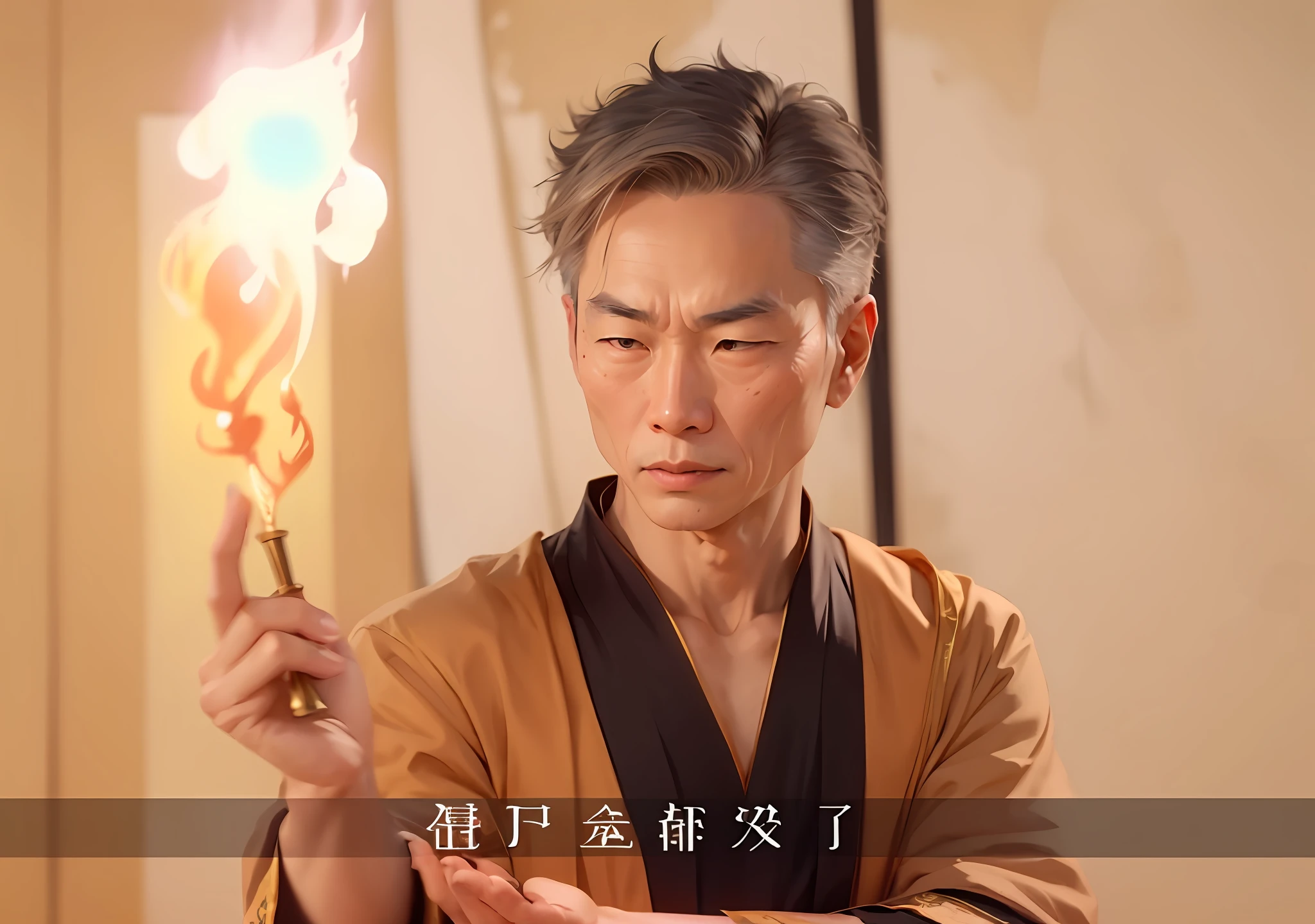 There was a Taoist priest holding a talisman paper in his hand,  He is casting a spell, 2d,